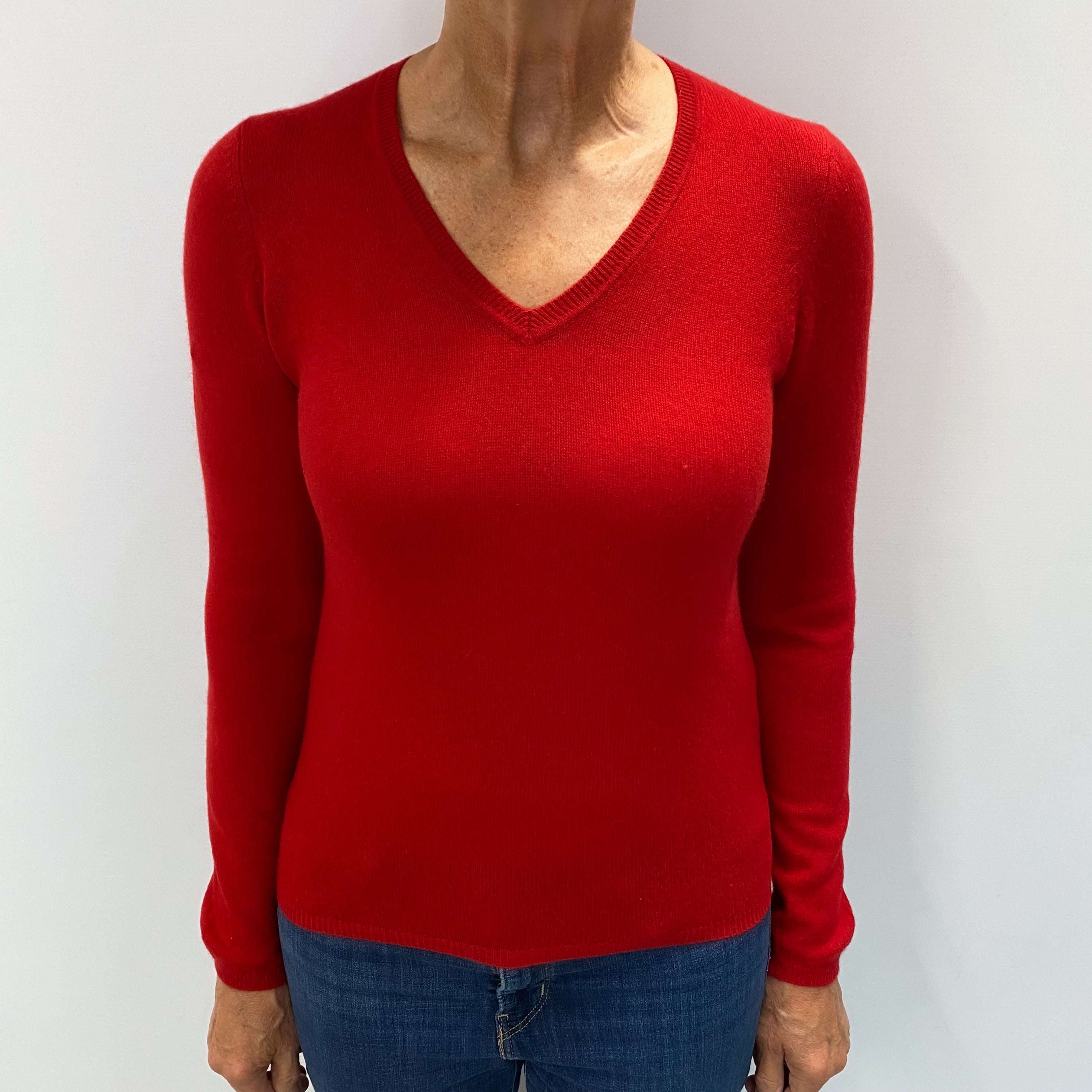 Post Box Red Cashmere V Neck Jumper Medium