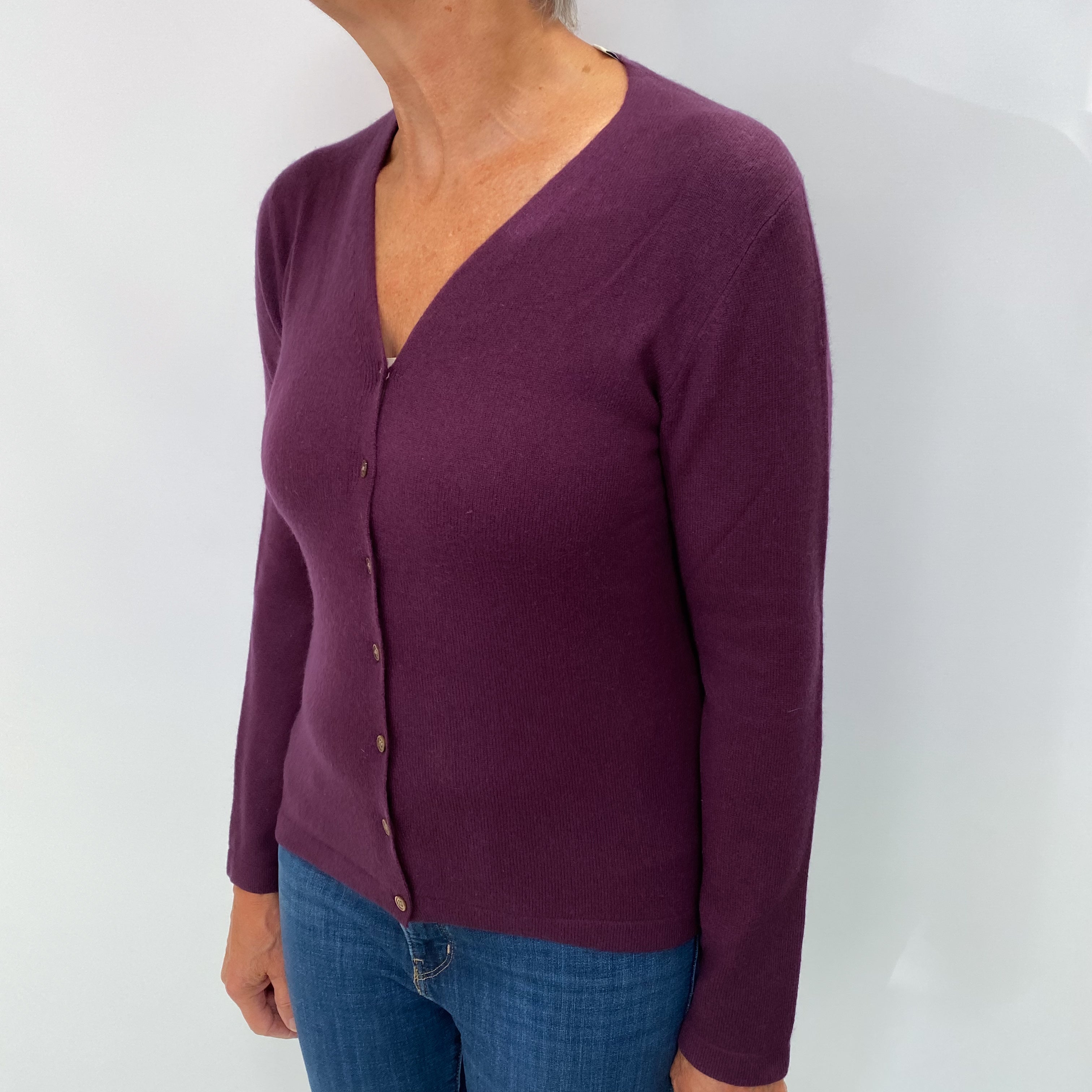 Aubergine Purple Cashmere V Neck Cardigan Medium