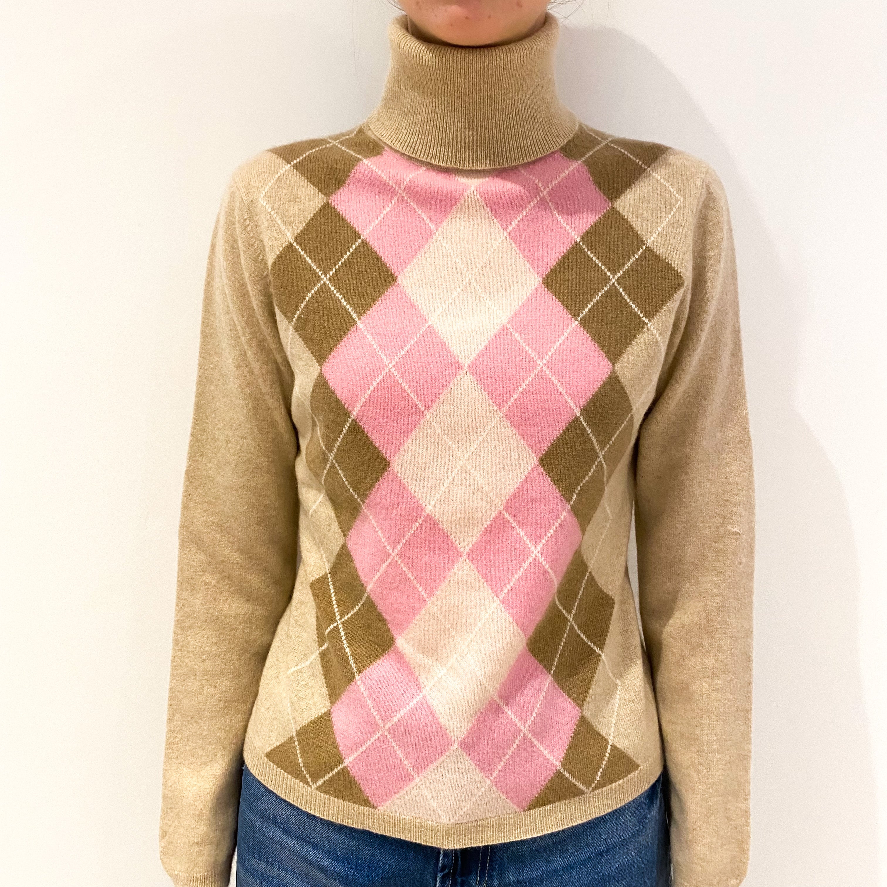 Beige Pink Argyle Cashmere Polo Neck Jumper Extra Small