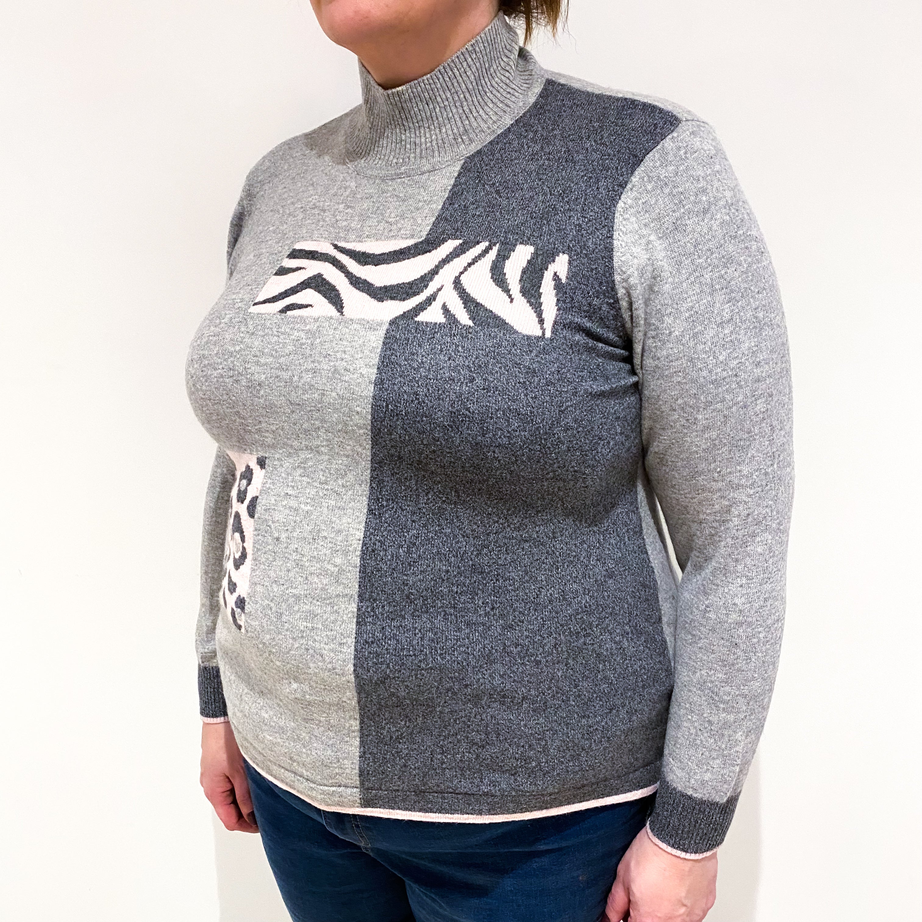 Smoke Grey Patterned Cashmere Turtle Neck Jumper Extra Large