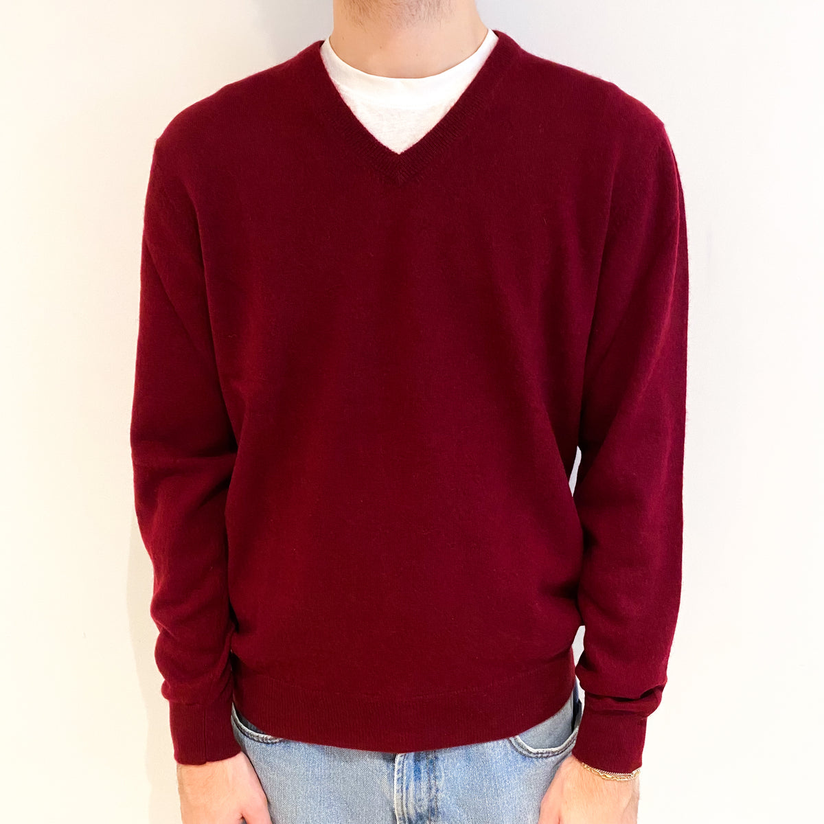 Men's Burgundy Red Cashmere V Neck Jumper Large