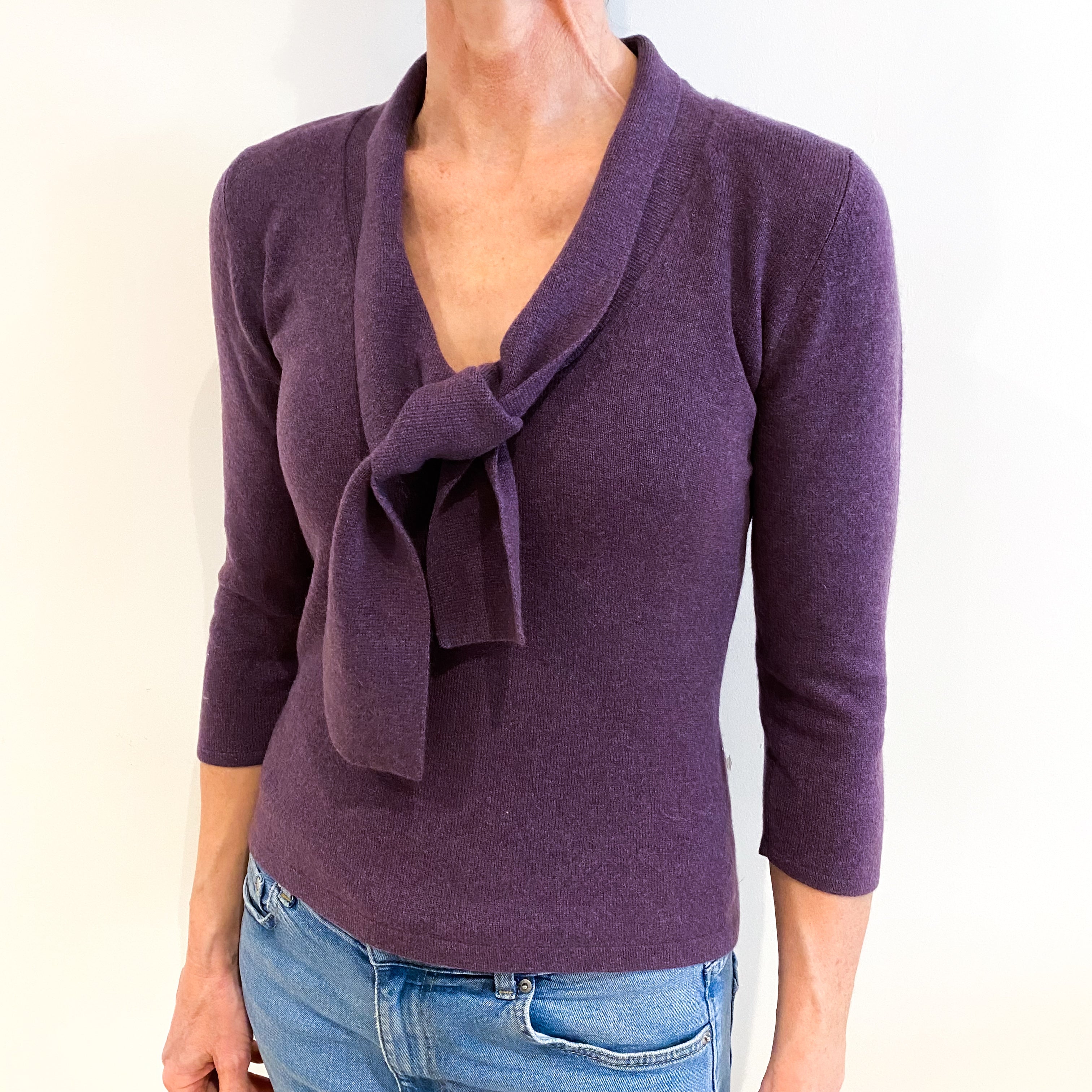 Amethyst Purple Cashmere Tie V Neck Jumper Small