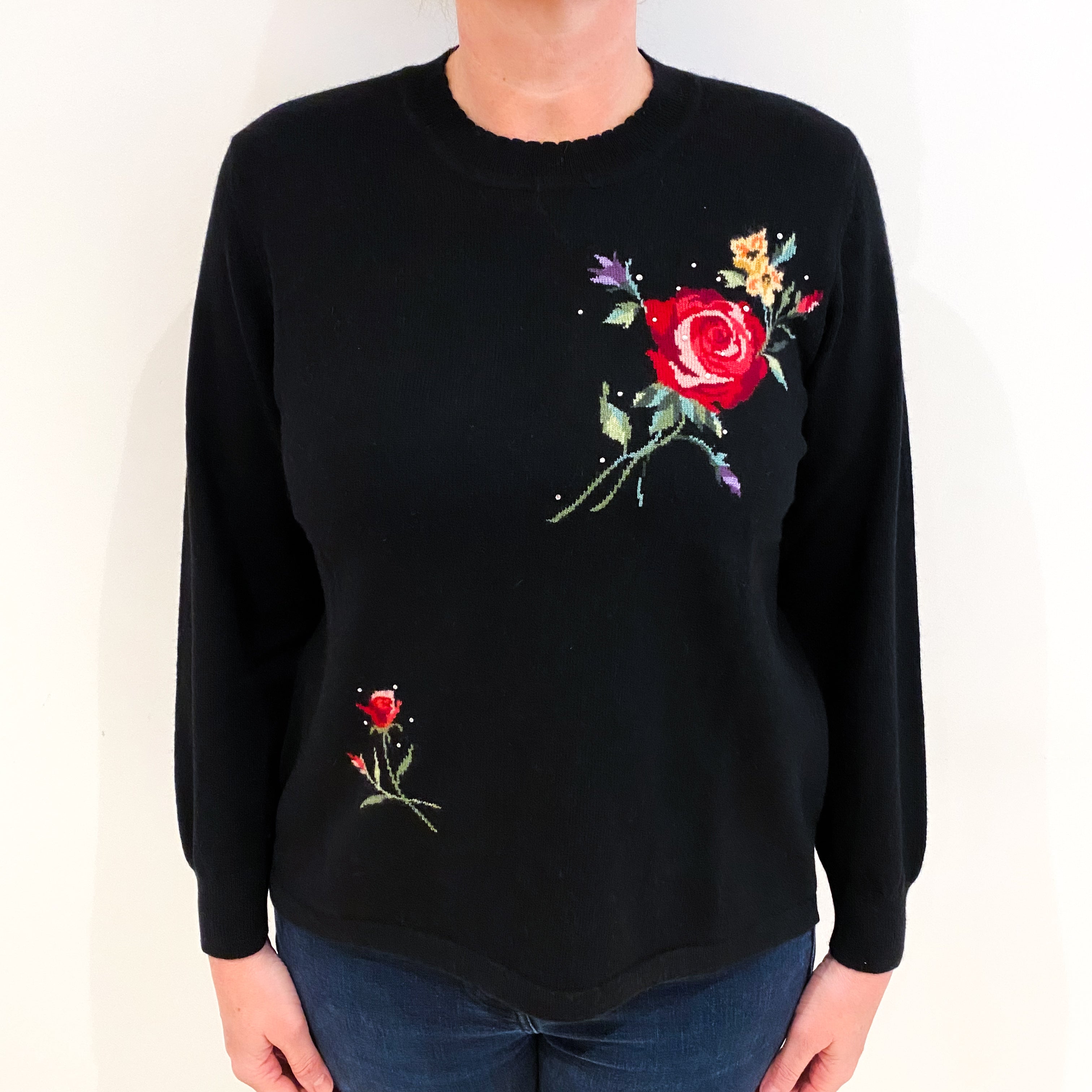 Black Floral Cashmere Crew Neck Jumper Large