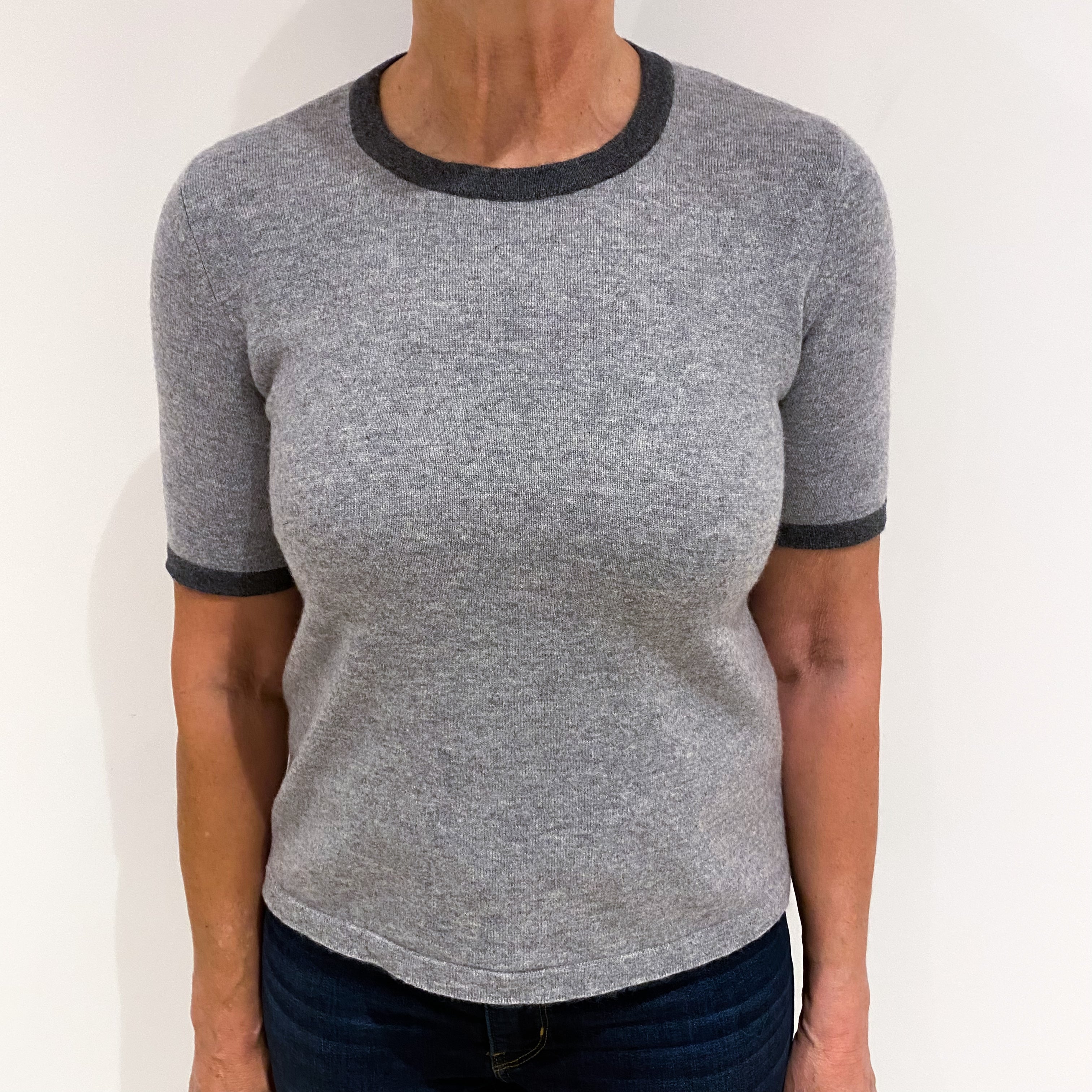 Smoke Grey Cashmere Short Sleeve Crew Neck Jumper Medium