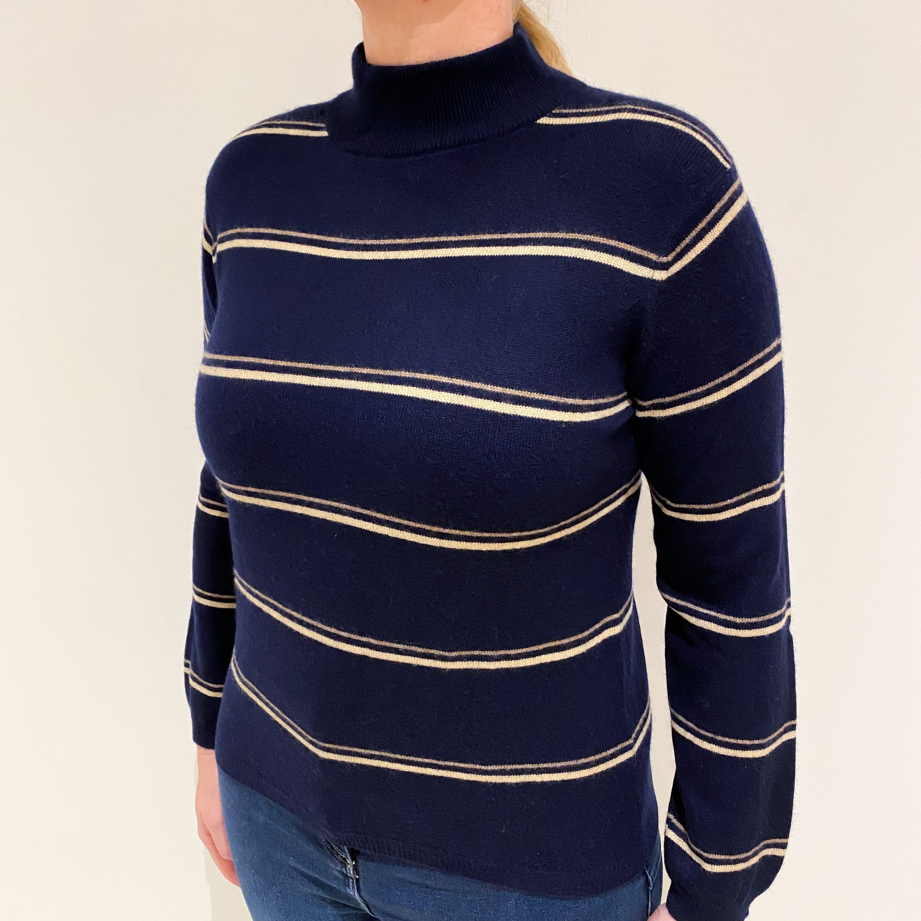 Navy Blue Beige Stripe Cashmere Turtle Neck Jumper Large