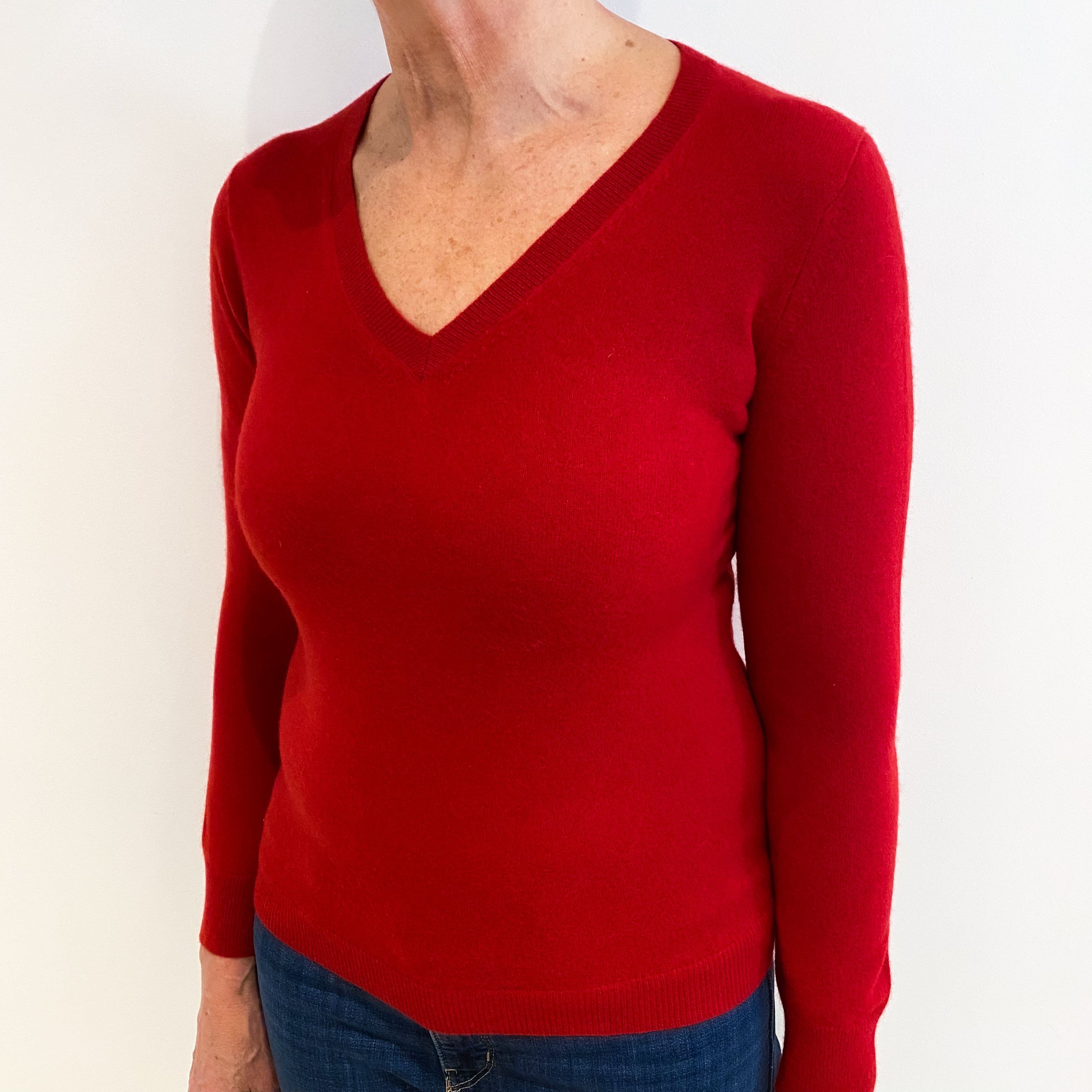 Post Box Red Cashmere V Neck Jumper Medium