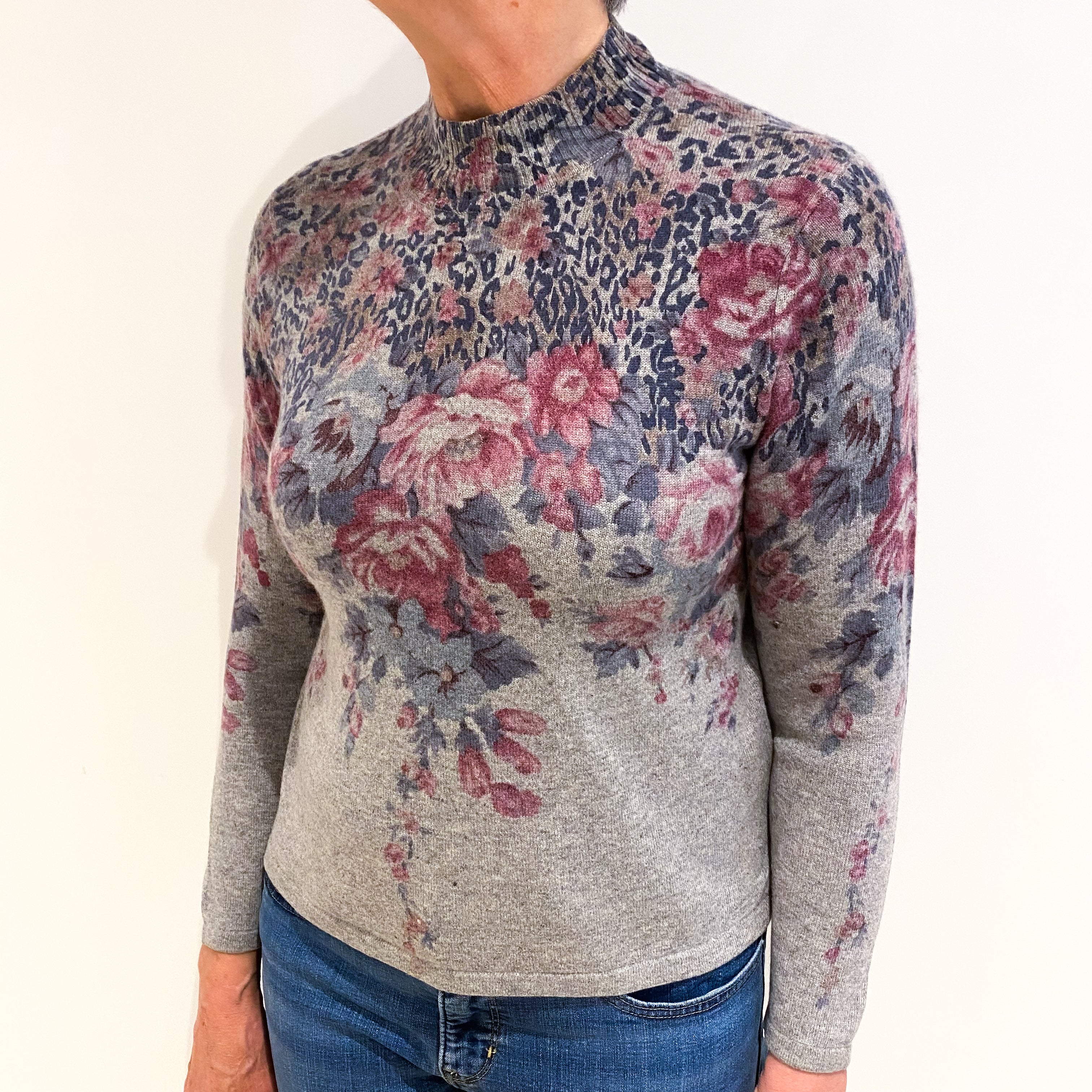 Smoke Grey Floral Print Cashmere Turtle Neck Jumper Medium