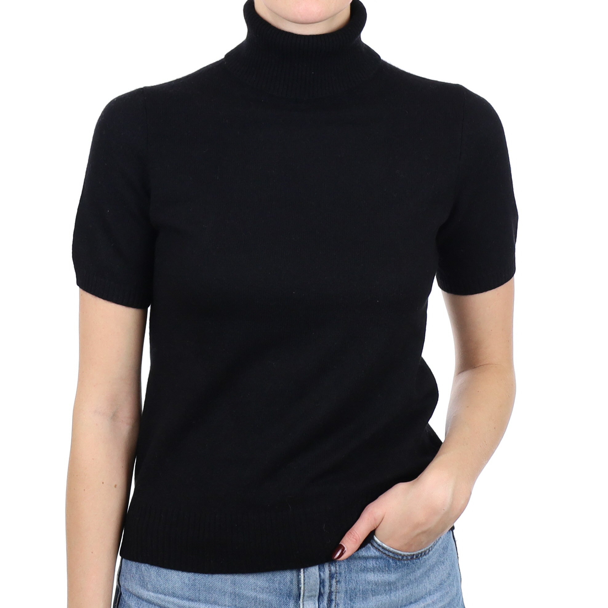 Black Cashmere Short Sleeve Polo Neck Jumper Small