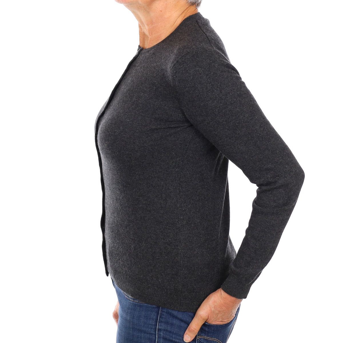 Charcoal Grey Cashmere Crew Neck Cardigan Medium