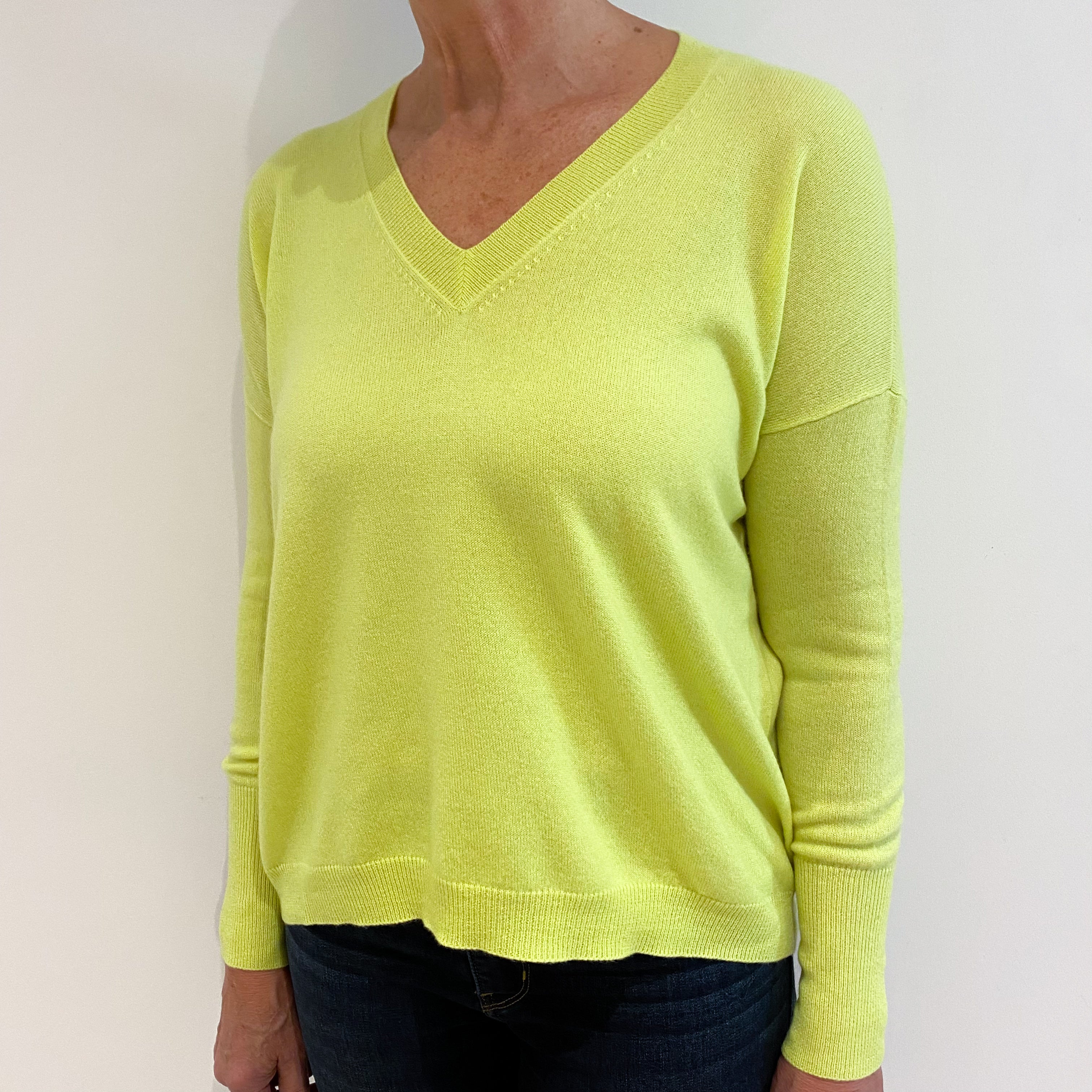 Neon Chartreuse Yellow Cashmere V-Neck Jumper Medium