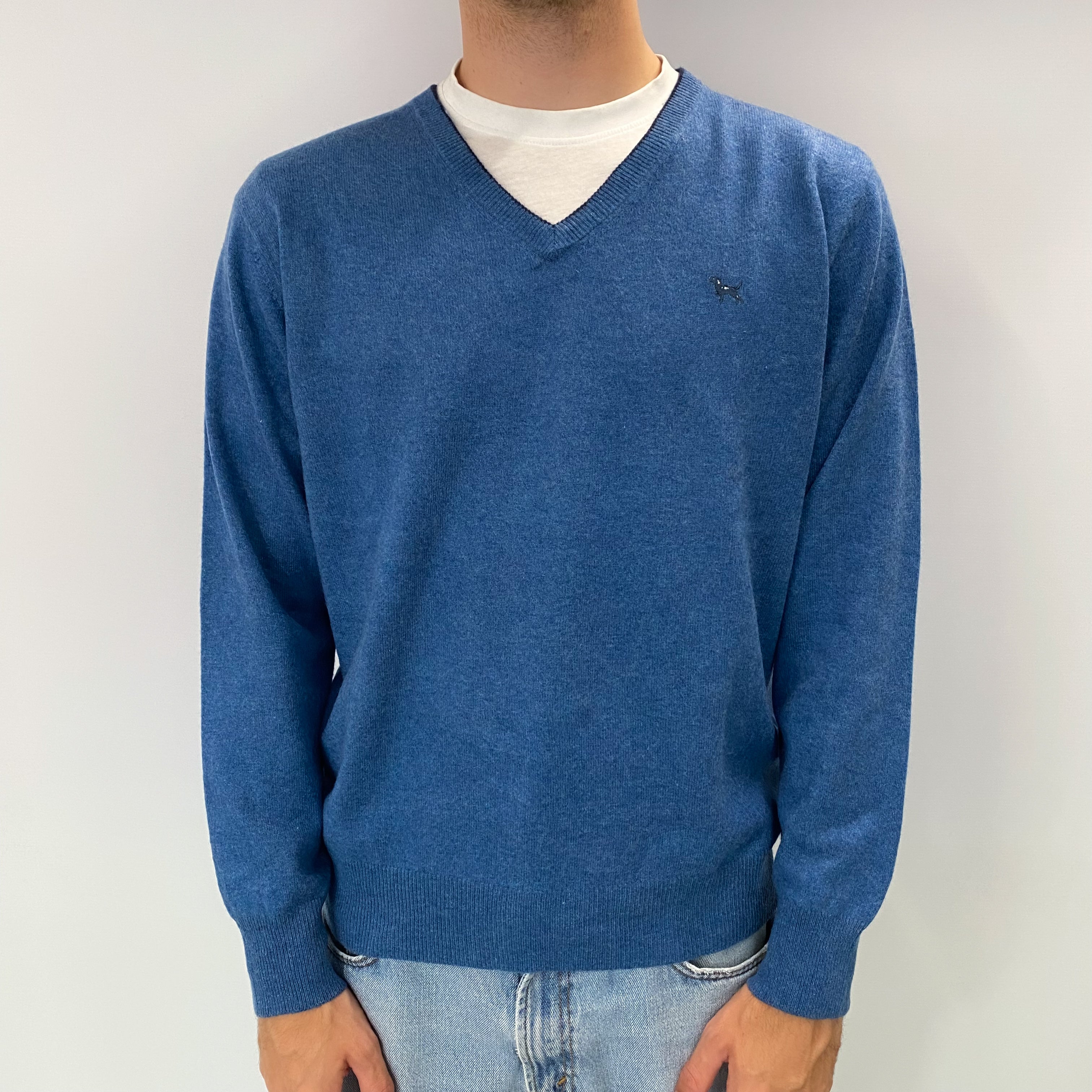 Men's Ocean Blue Cashmere V Neck Jumper Large