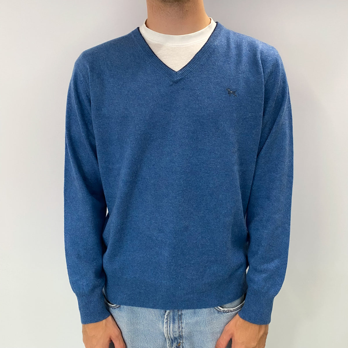 Men's Ocean Blue Cashmere V Neck Jumper Large