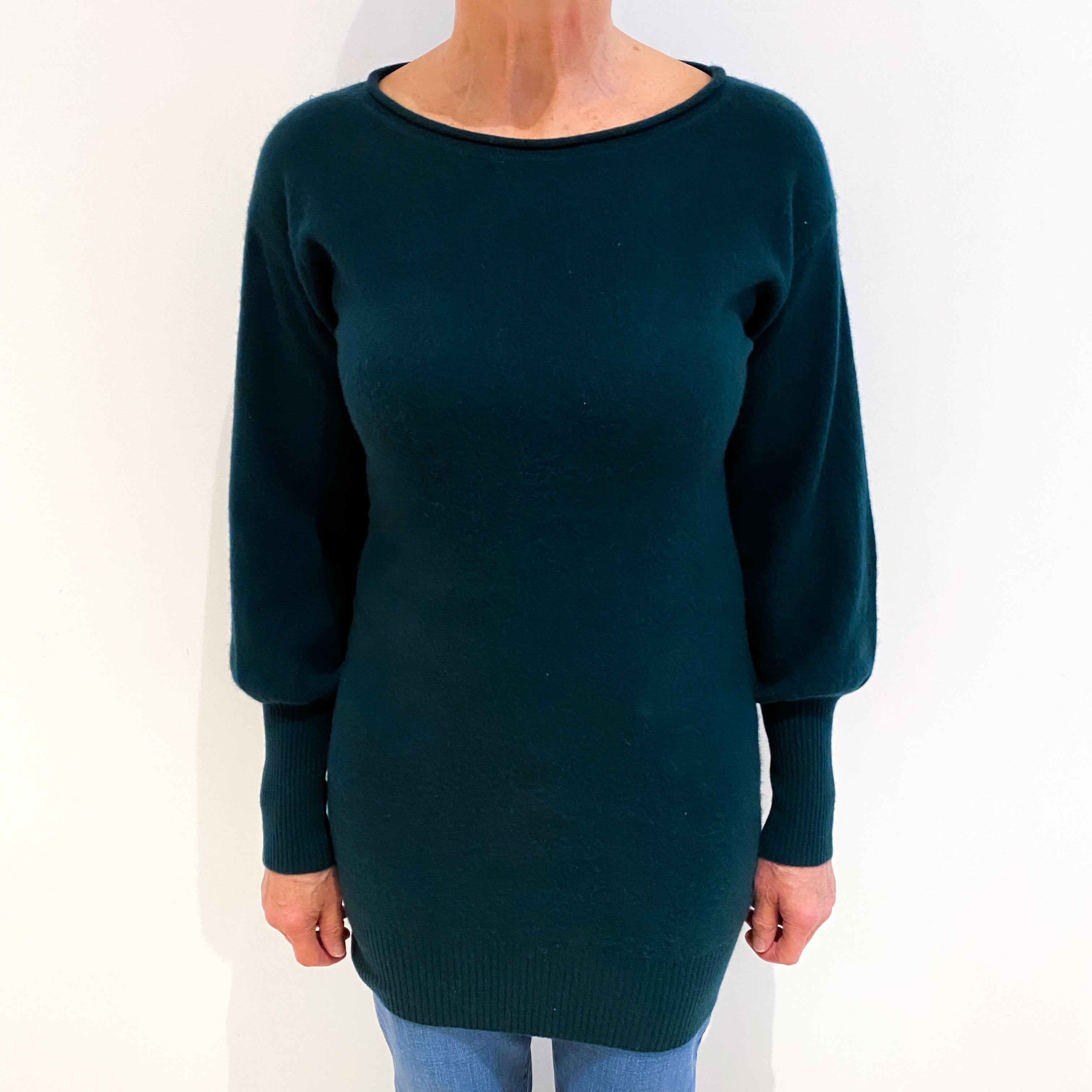 Bottle Green Cashmere Crew Neck Longline Jumper Medium