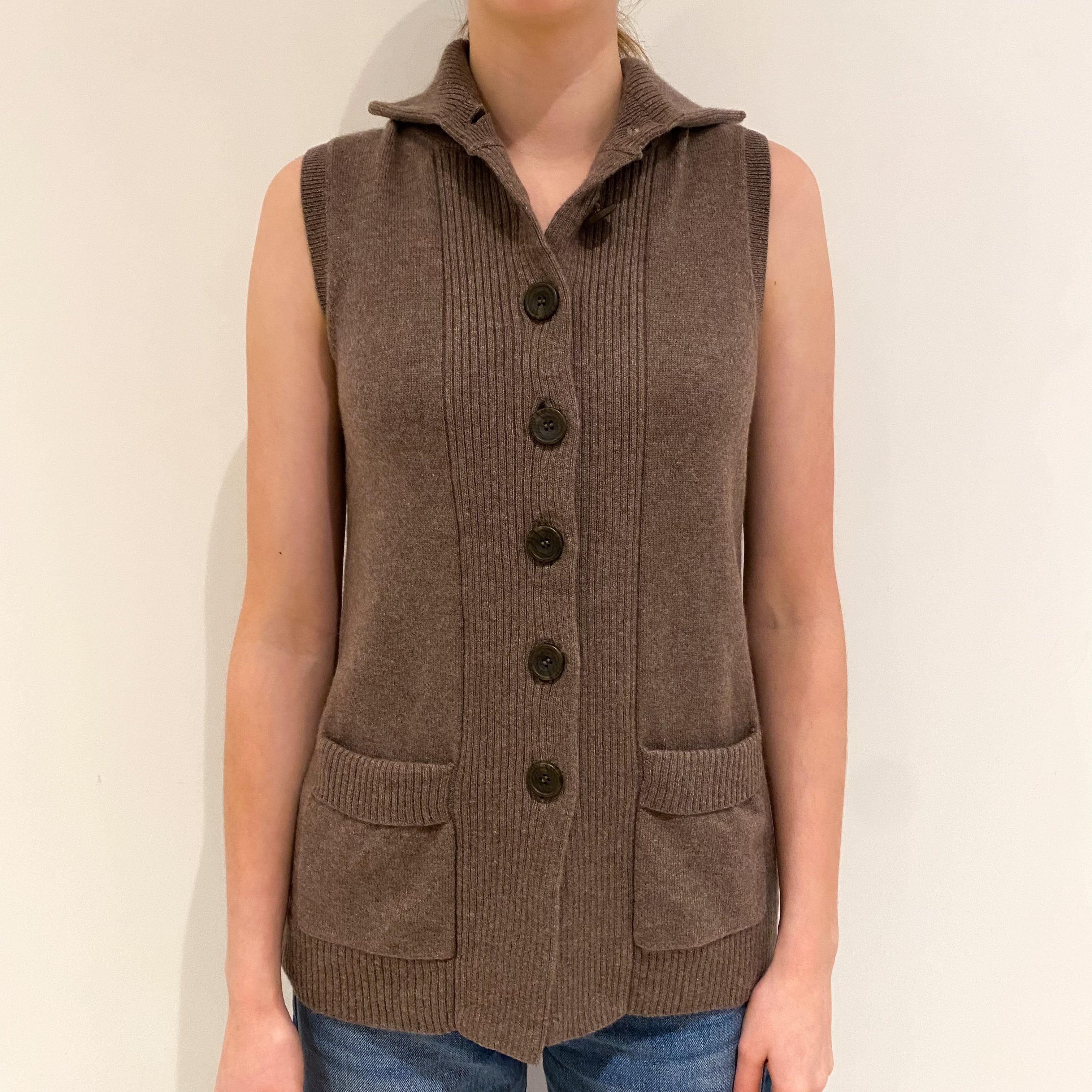 Mocha Brown Cashmere Collared Gilet with Pockets Extra Small