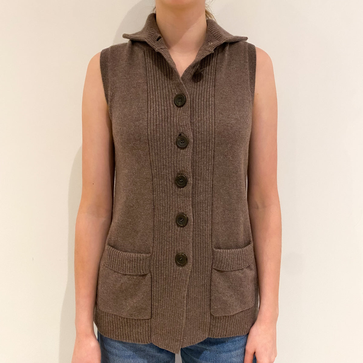 Mocha Brown Cashmere Collared Gilet with Pockets Extra Small