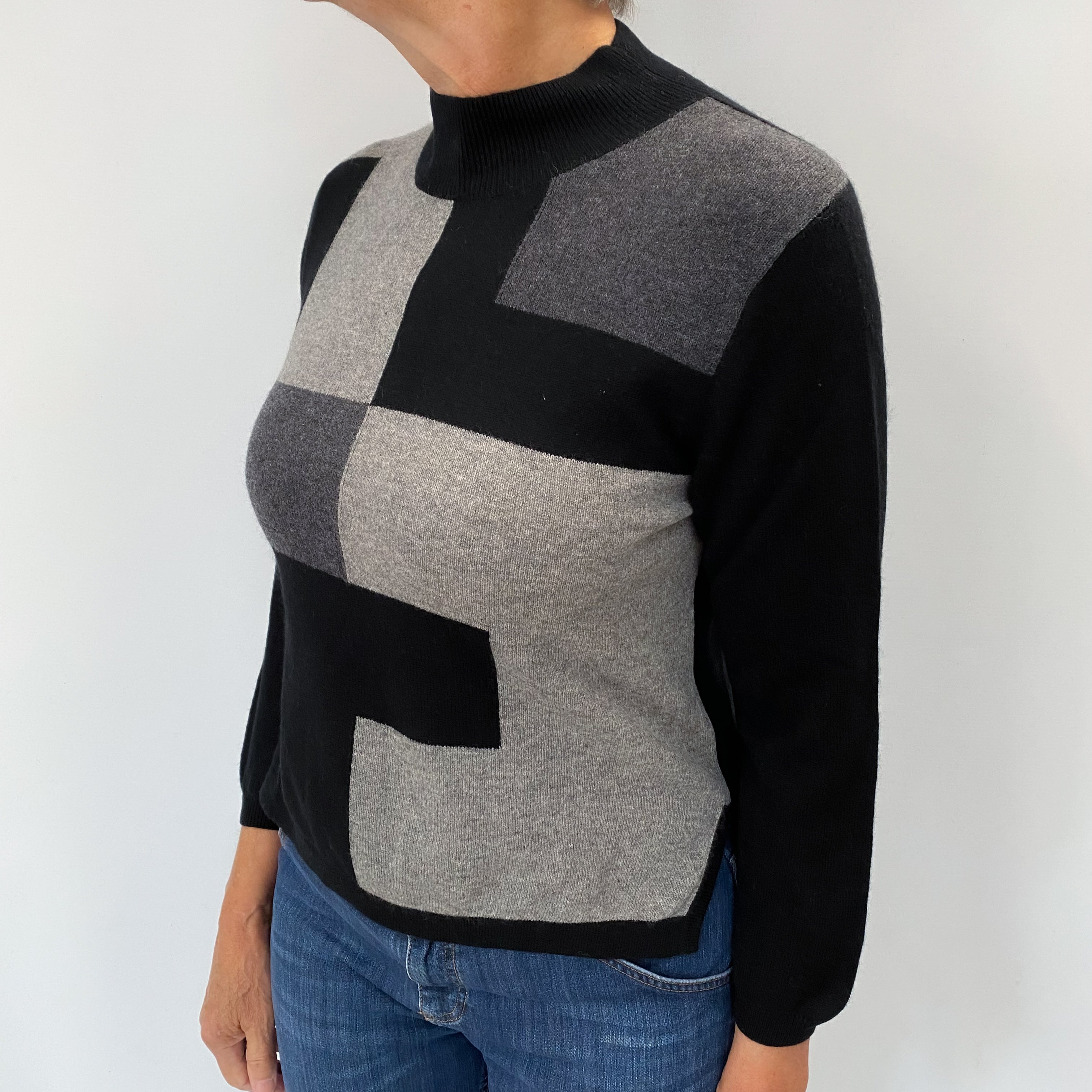 Black Colour Block Cashmere Turtle Neck Jumper Medium