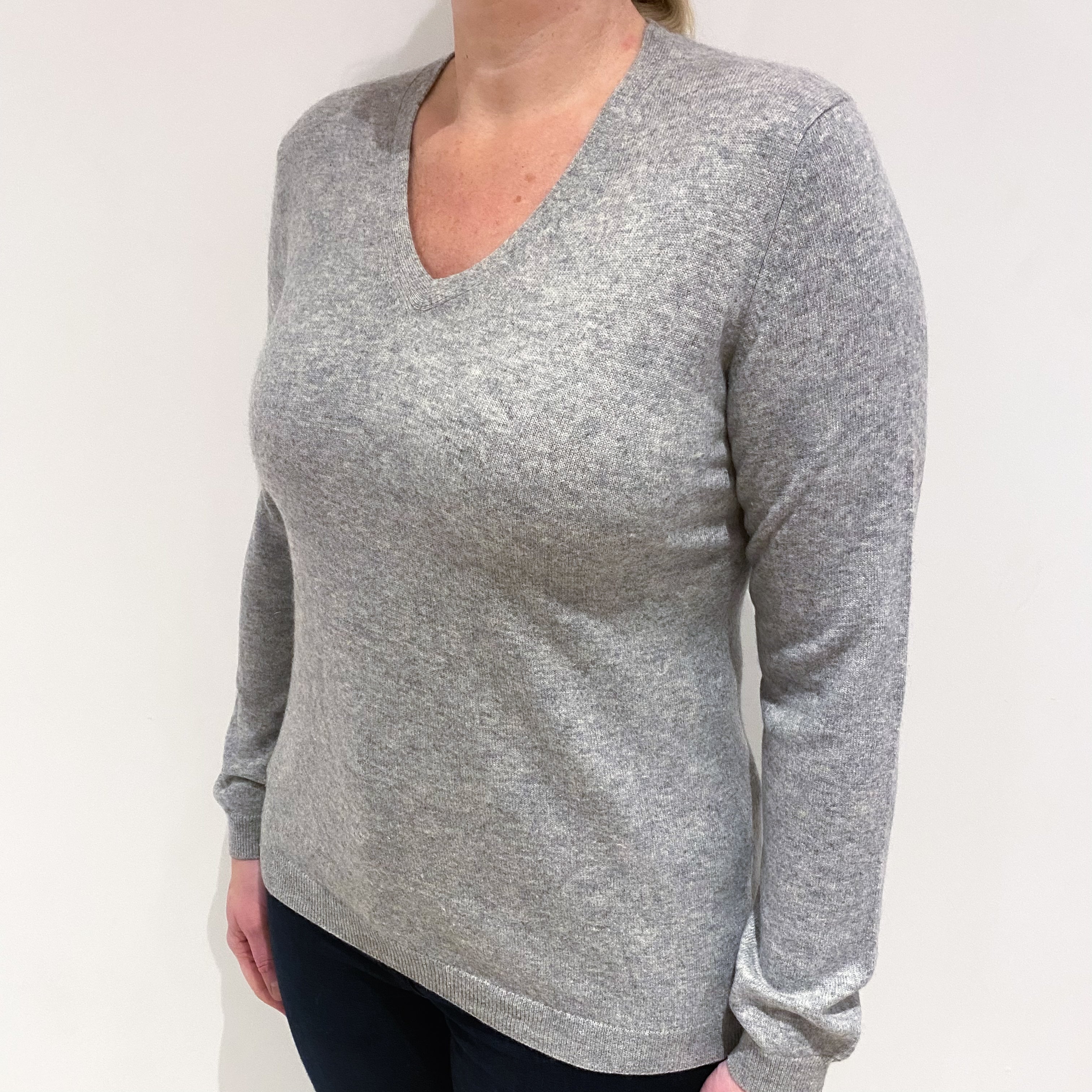 Smoke Grey Cashmere V Neck Jumper Large