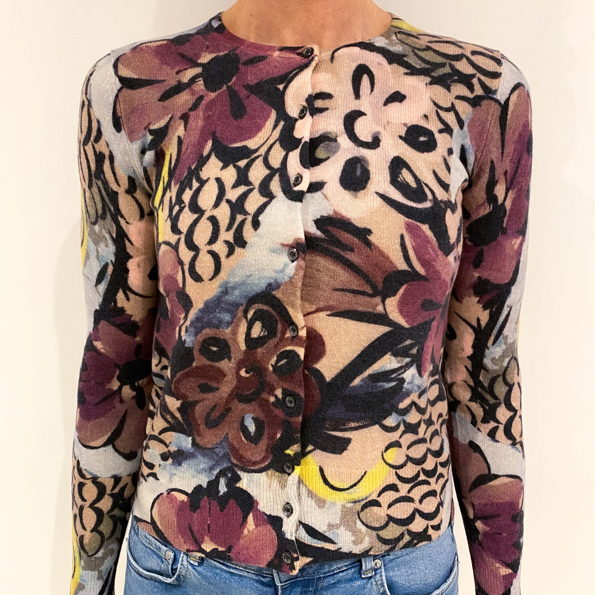 Oatmeal Beige Floral Cashmere Crew Neck Cardigan Small