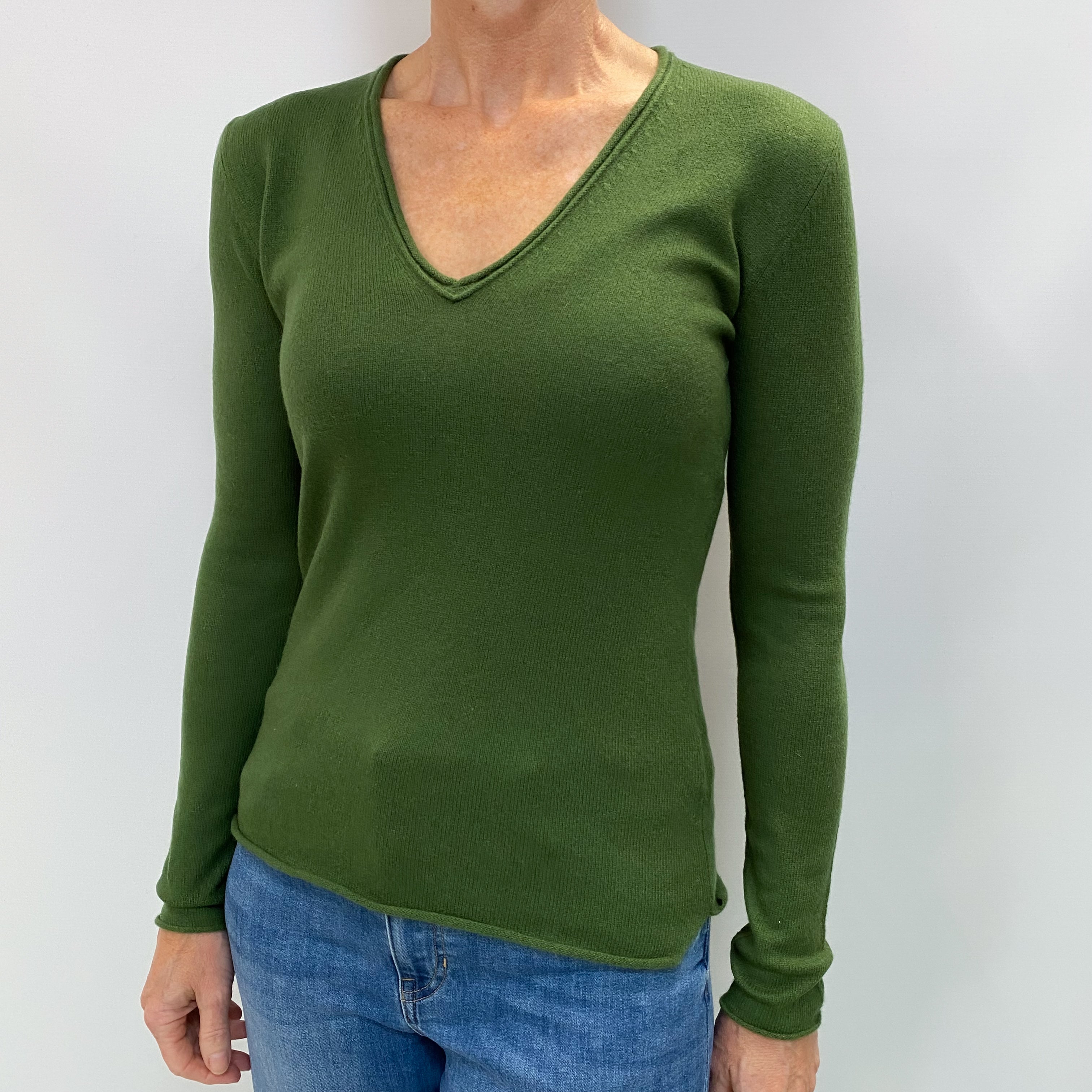 Fern Green Cashmere V Neck Jumper Small