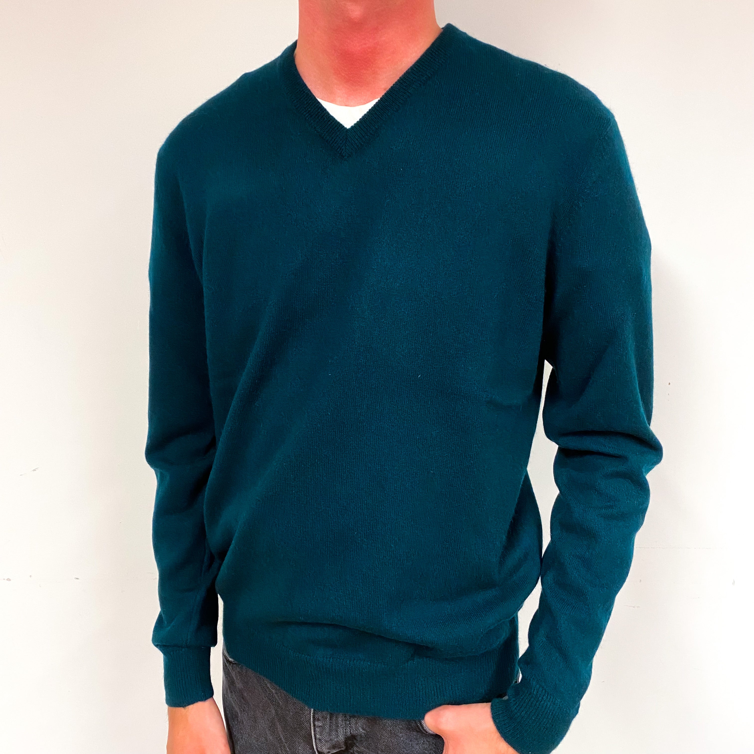 Men's Dark Forest Green Cashmere V-Neck Jumper Small