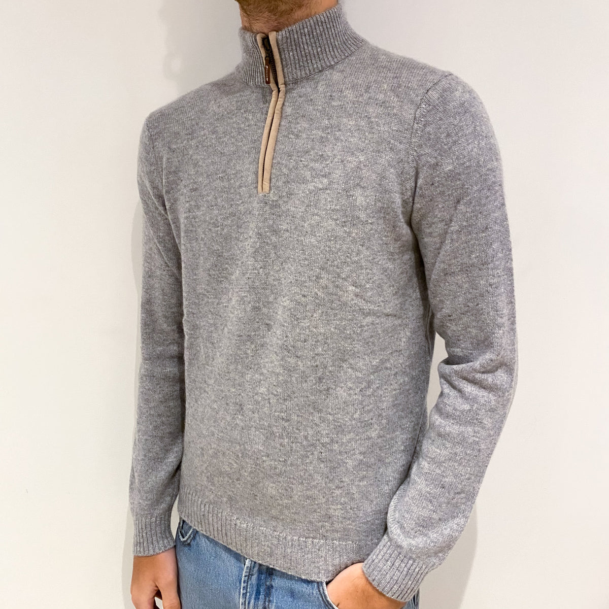 Men's Smoke Grey Cashmere 1/4 Zip Jumper Large