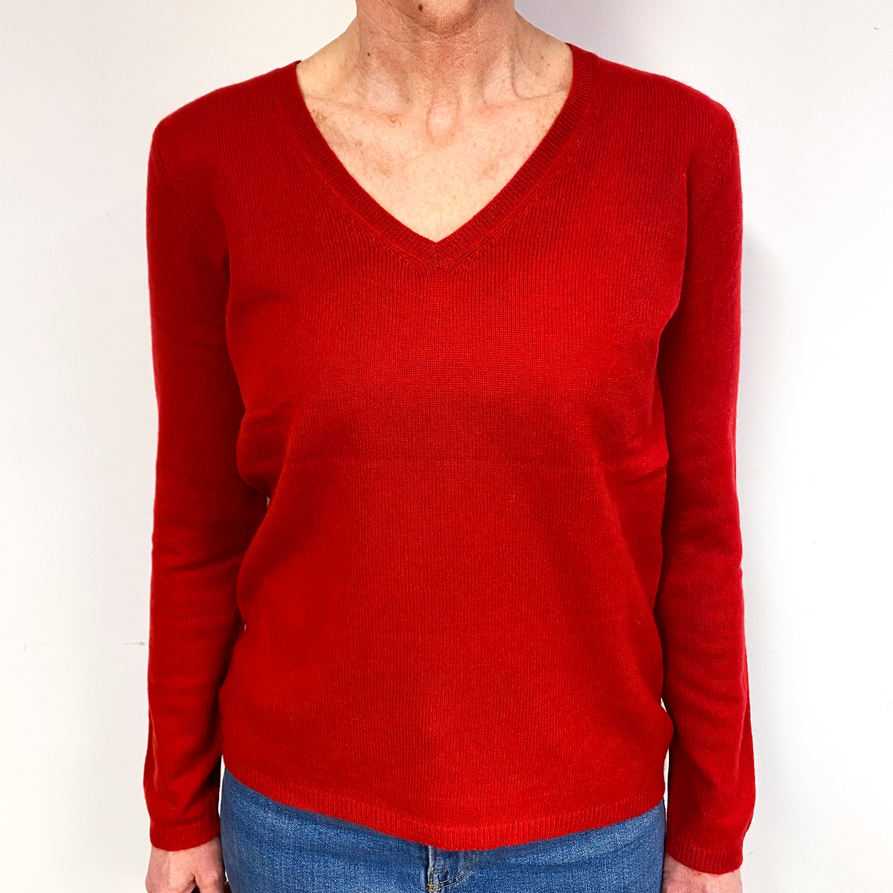 Post Box Red Cashmere V-Neck Jumper Medium