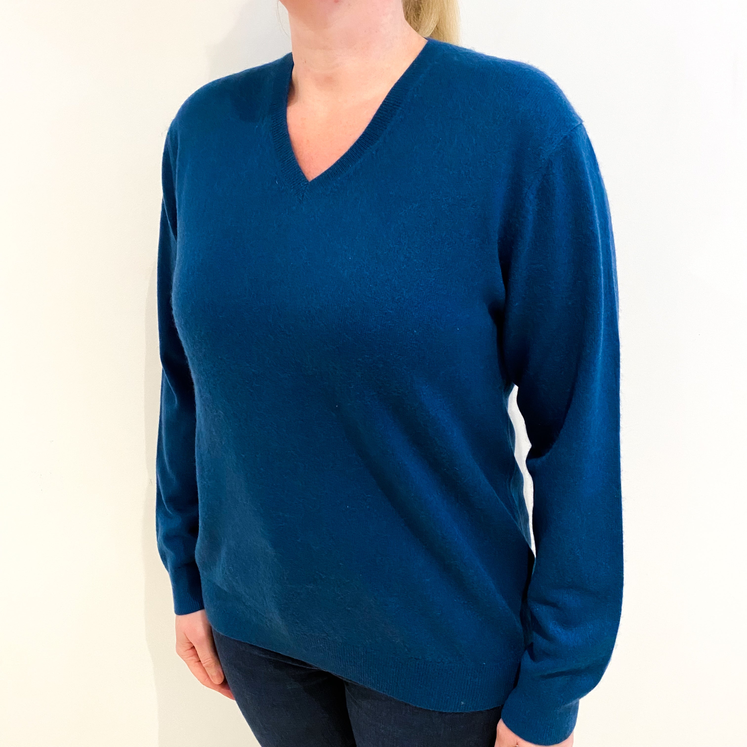Petrol Blue Cashmere V Neck Jumper Large