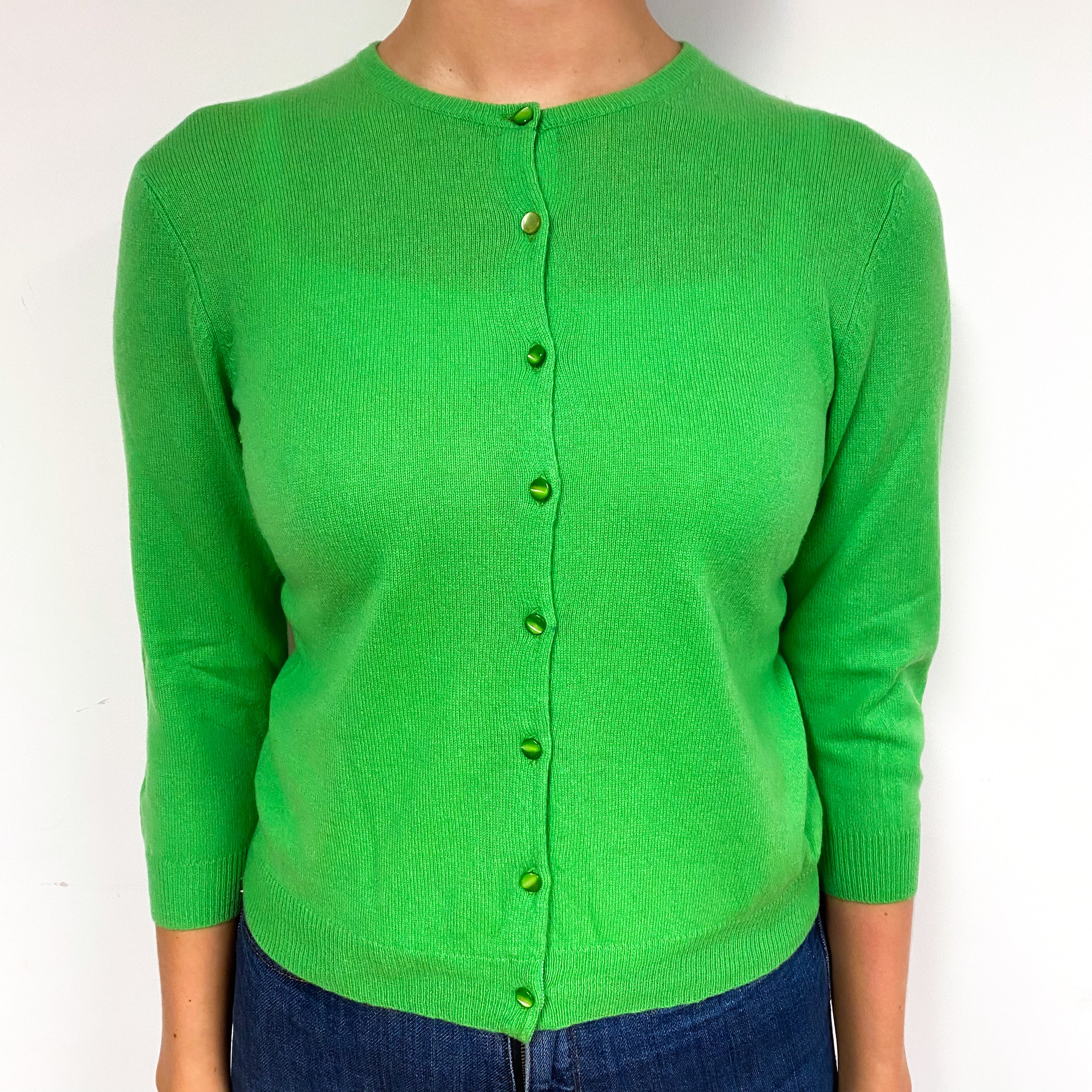 Neon Green Lightweight Cashmere Crew Neck Cardigan Small