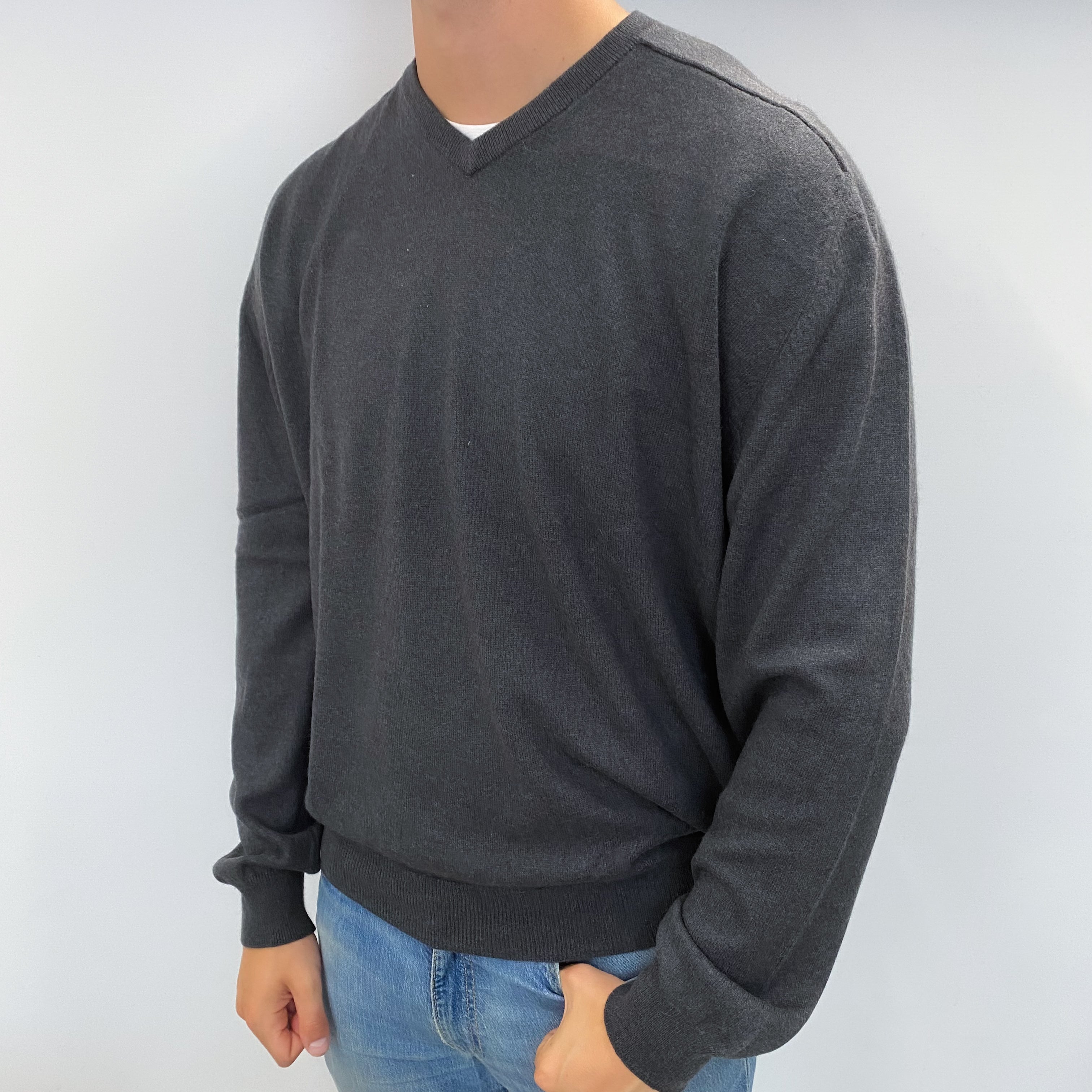 Men's Charcoal Grey Cashmere V Neck Jumper XXL
