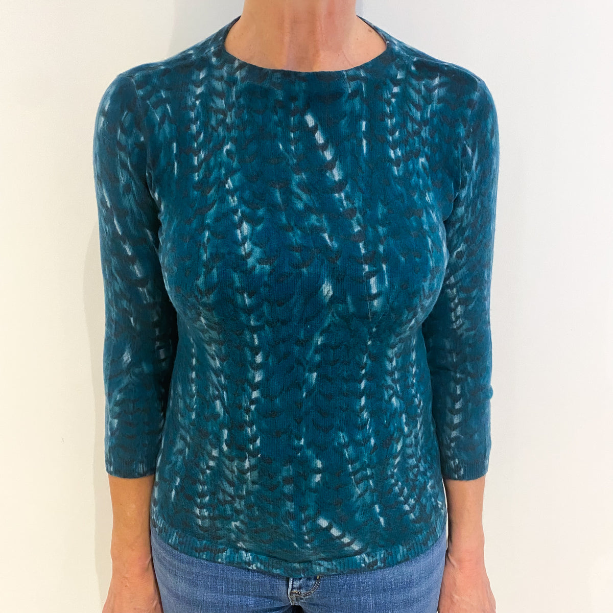 Teal Green Feathered Pattern Cashmere Crew Neck Jumper Medium