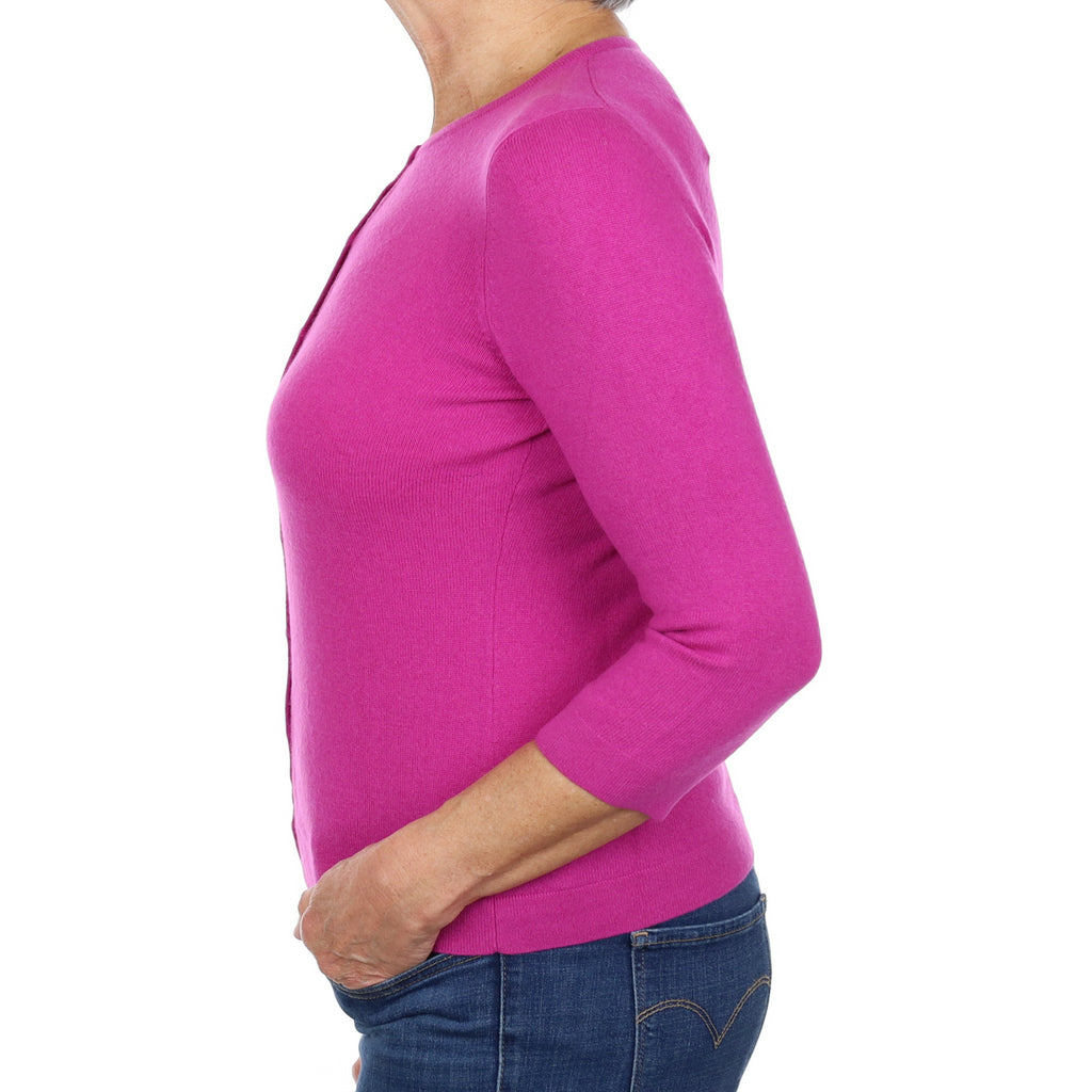 Magenta Pink Cashmere Crew Neck Cardigan Medium