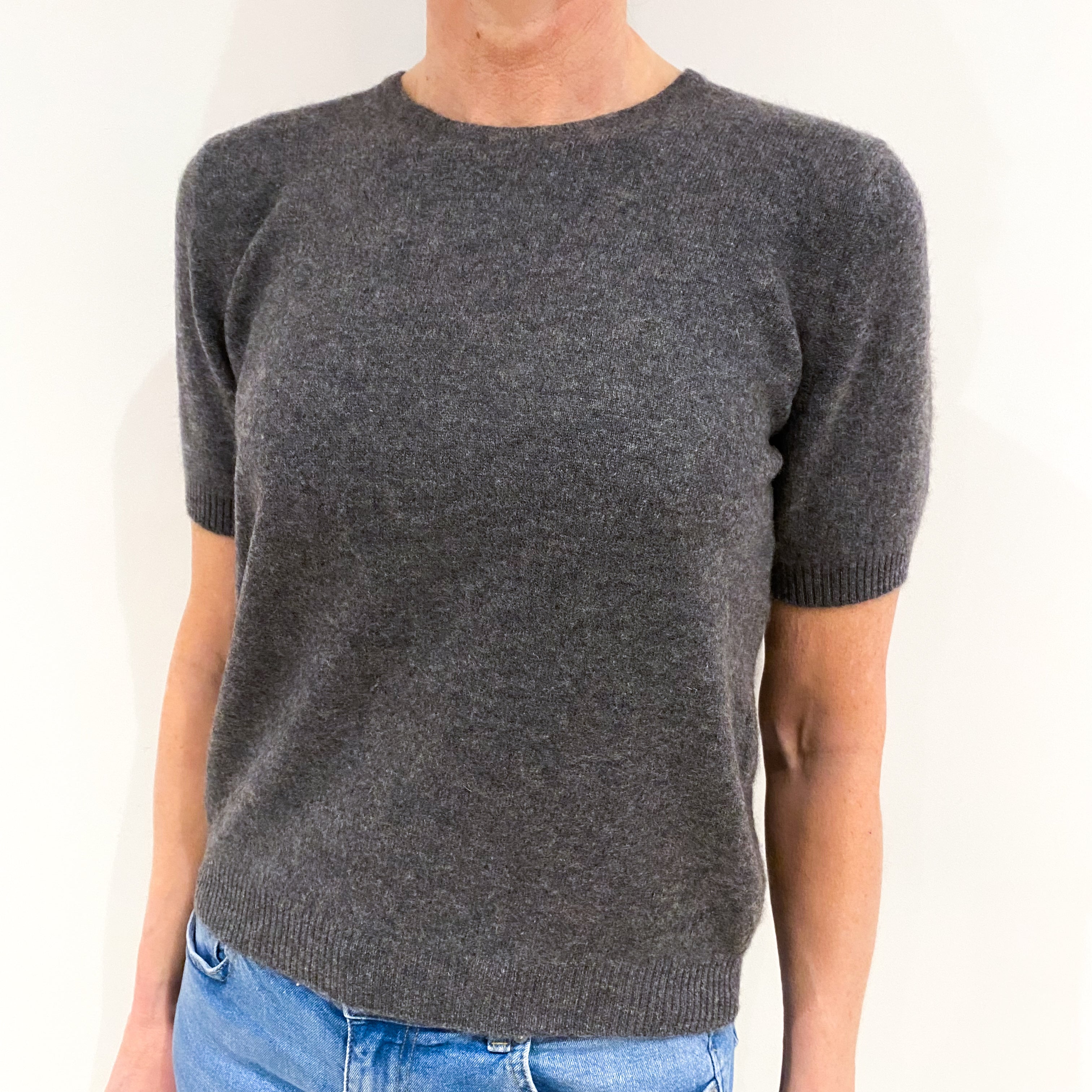 Charcoal Grey Short Sleeved Cashmere Crew Neck Jumper Small