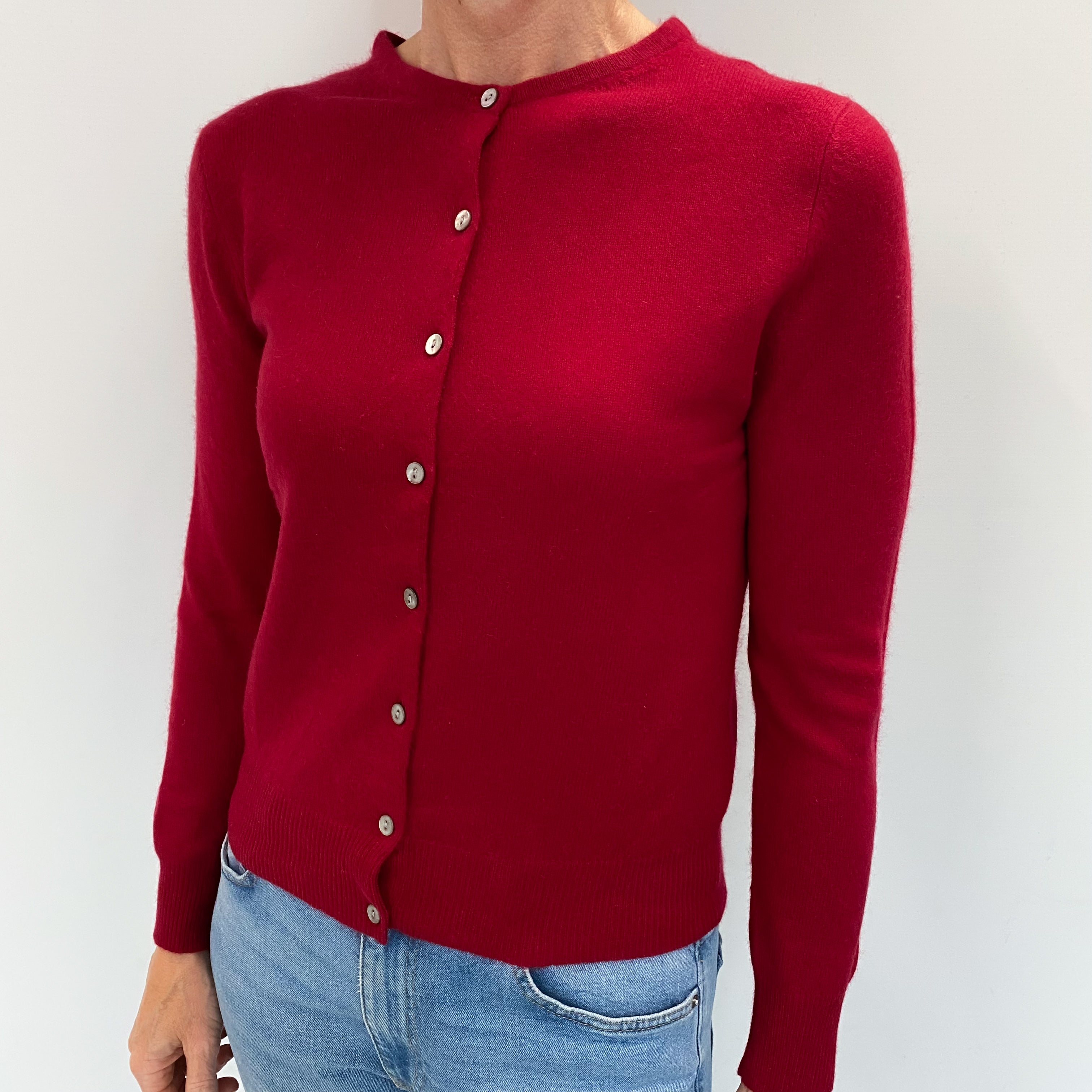 Ruby Red Cashmere Crew Neck Cardigan Small