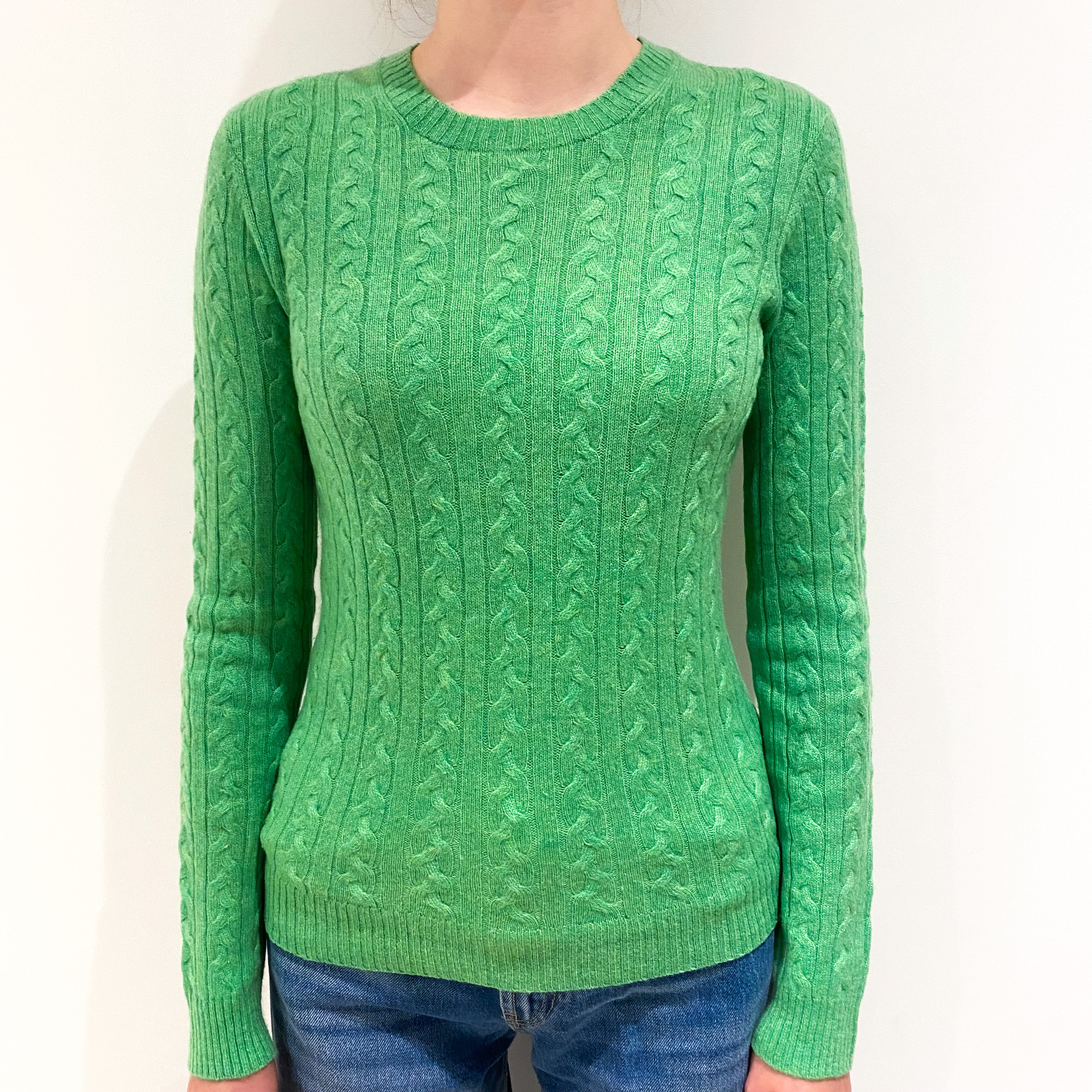 Bright Green Cable Cashmere Crew Neck Jumper Extra Small