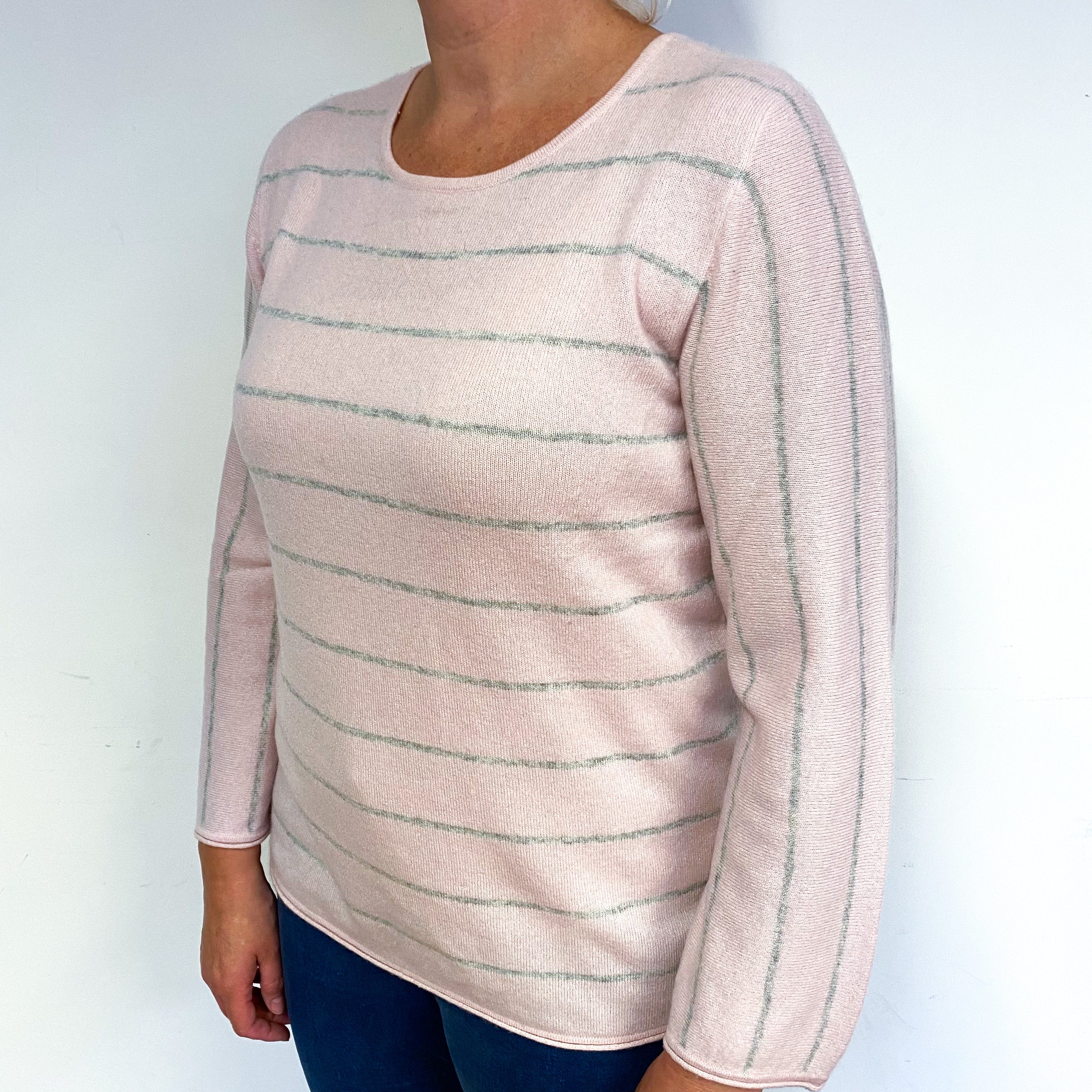 Pale Pink Grey Stripe Cashmere Crew Neck Jumper Large