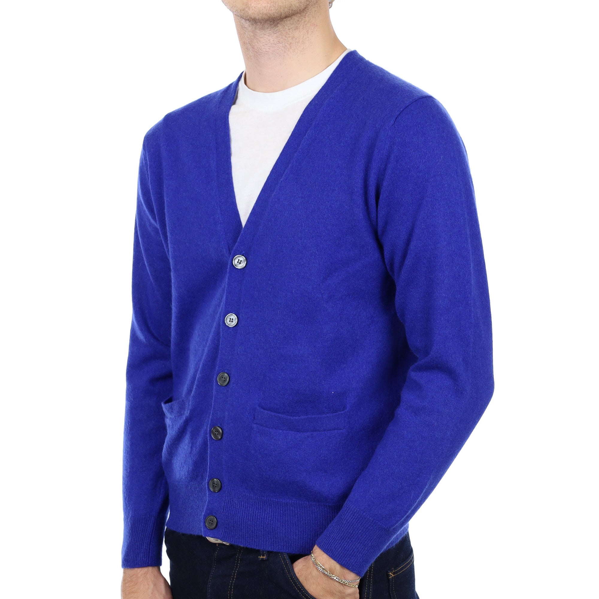 Men's Deep Cobalt Blue Cashmere V Neck Cardigan Medium