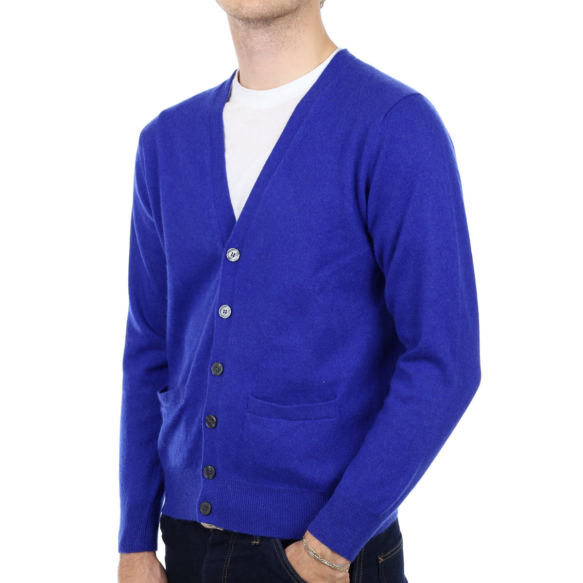 Men's Deep Cobalt Blue Cashmere V Neck Cardigan Medium