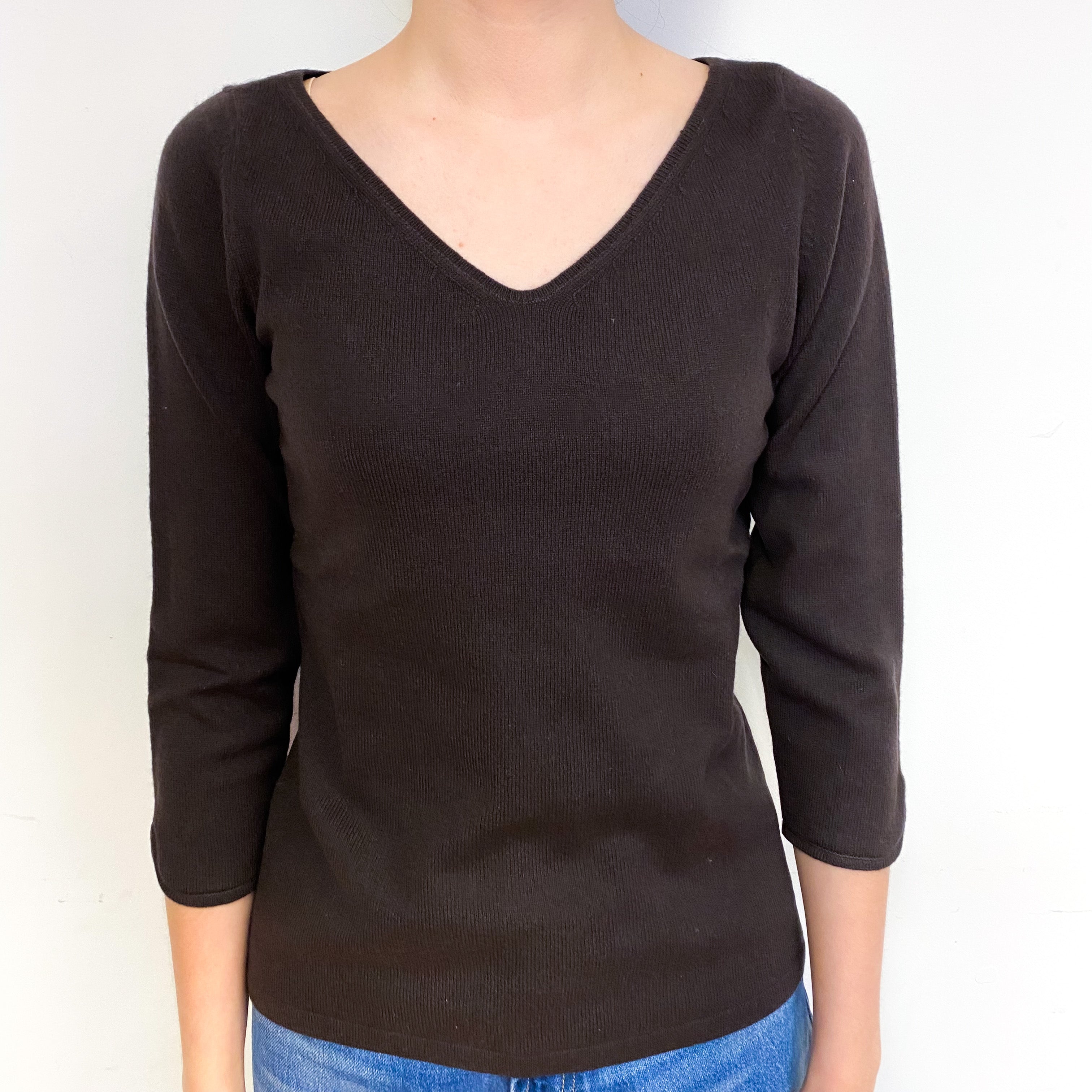 Chocolate Brown 3/4 Sleeve Cashmere V-Neck Jumper Extra Small