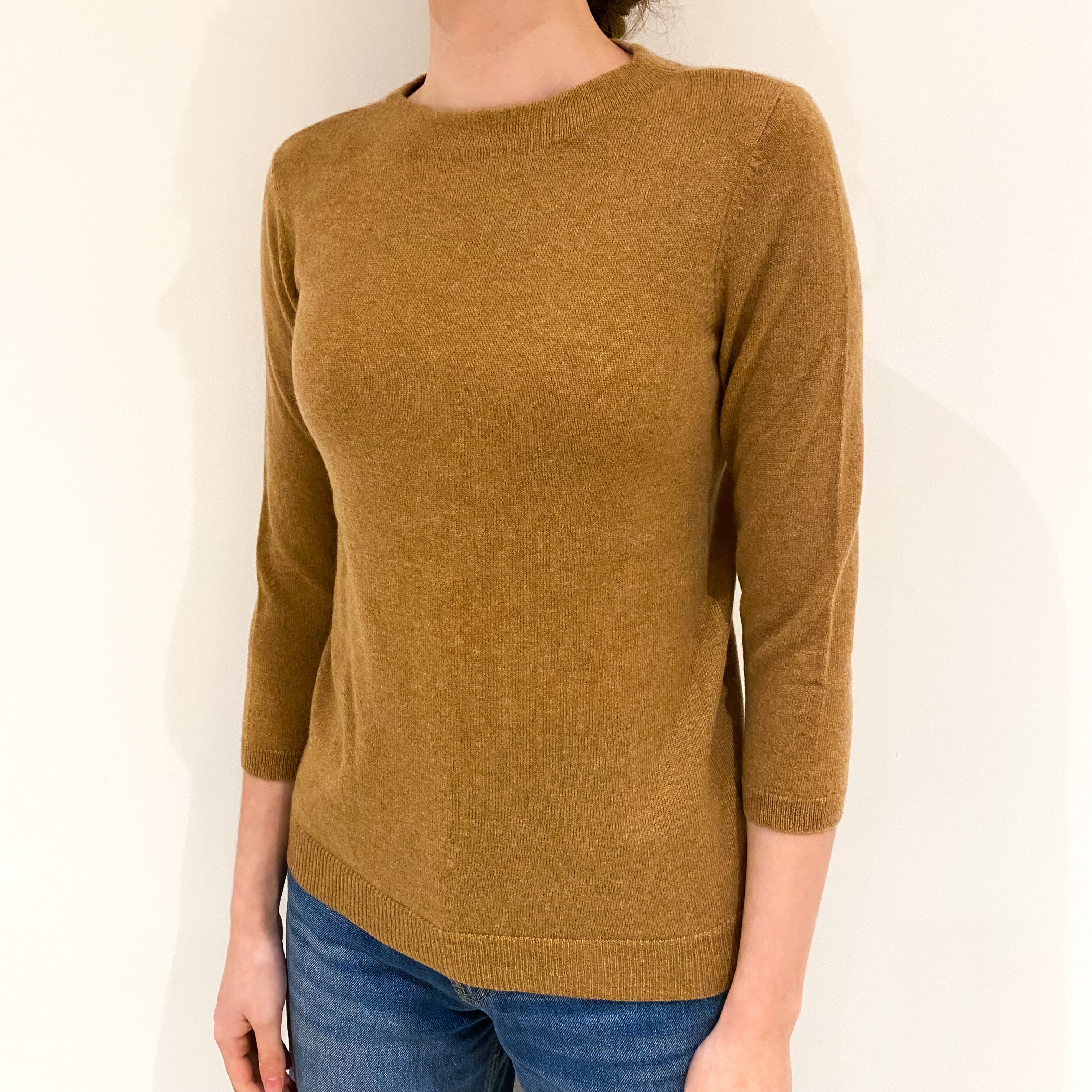 Caramel Brown 3/4 Sleeve Cashmere Crew Neck Jumper Extra Small