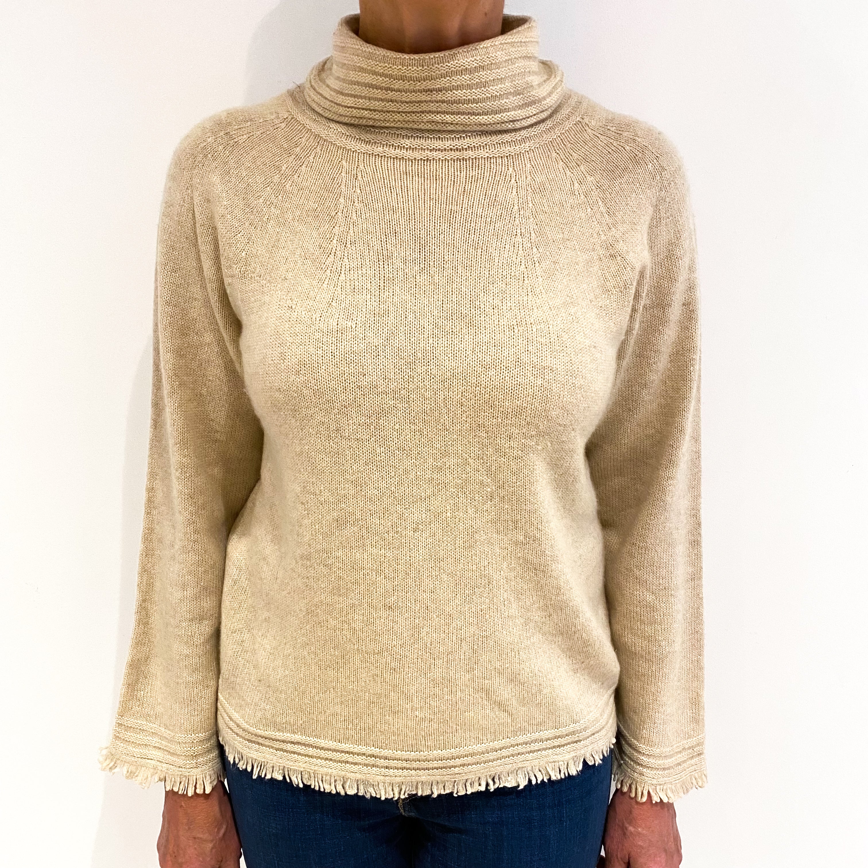 Beige Cashmere Polo Neck Jumper Medium