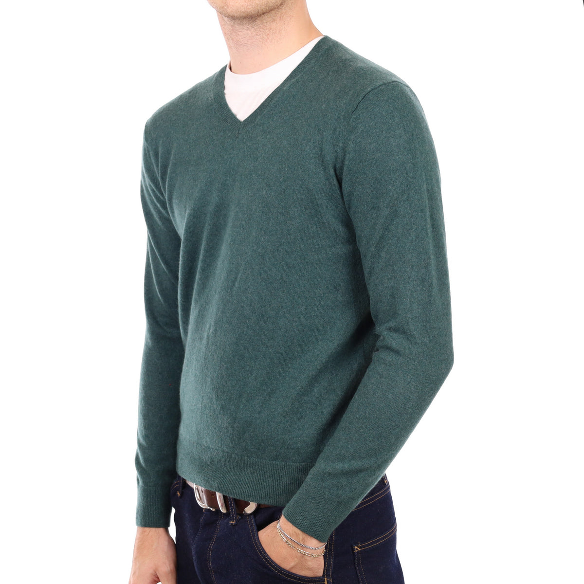 Men's Spruce Green Cashmere V Neck Jumper Medium