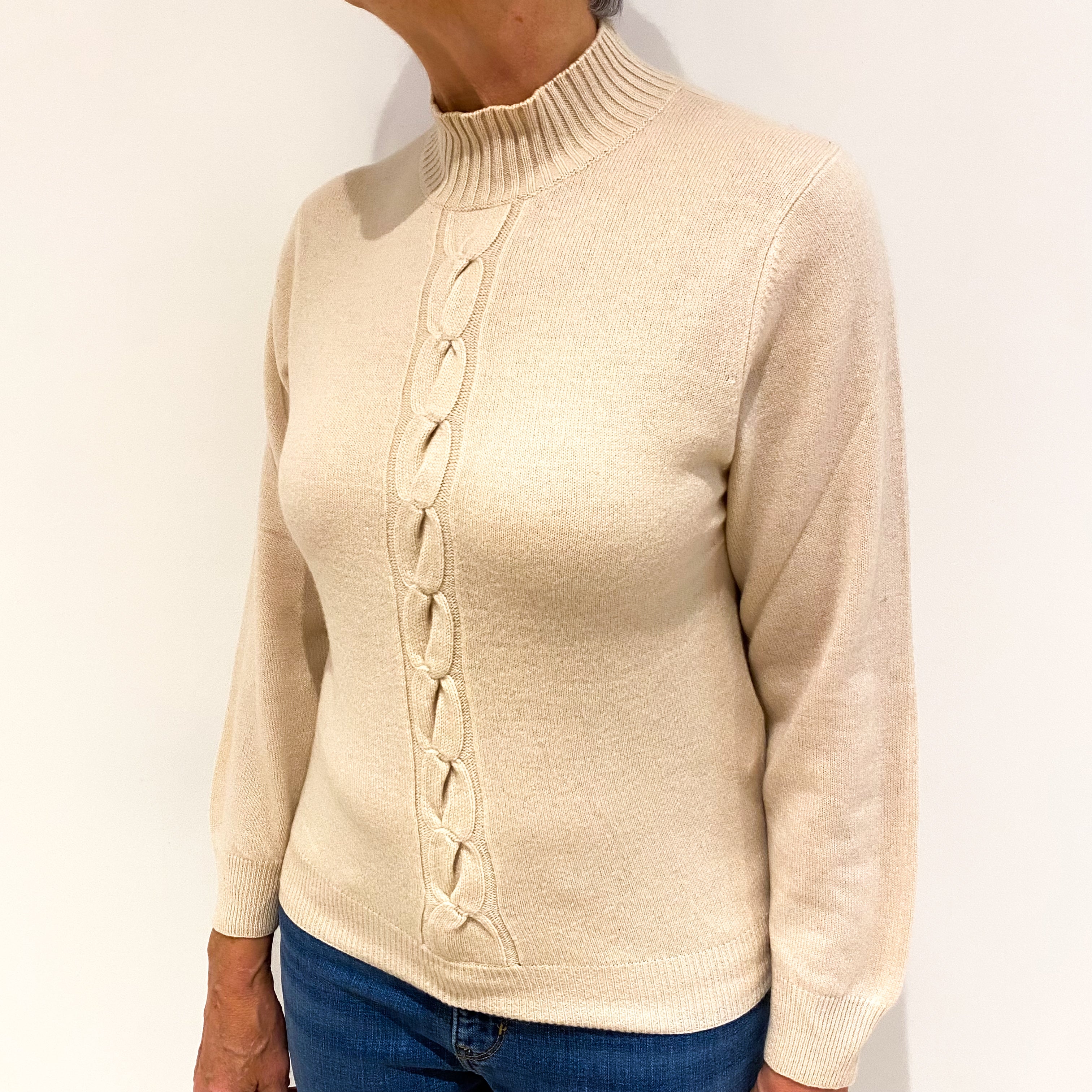 Sand Beige Cable Detail Cashmere Turtle Neck Jumper Medium