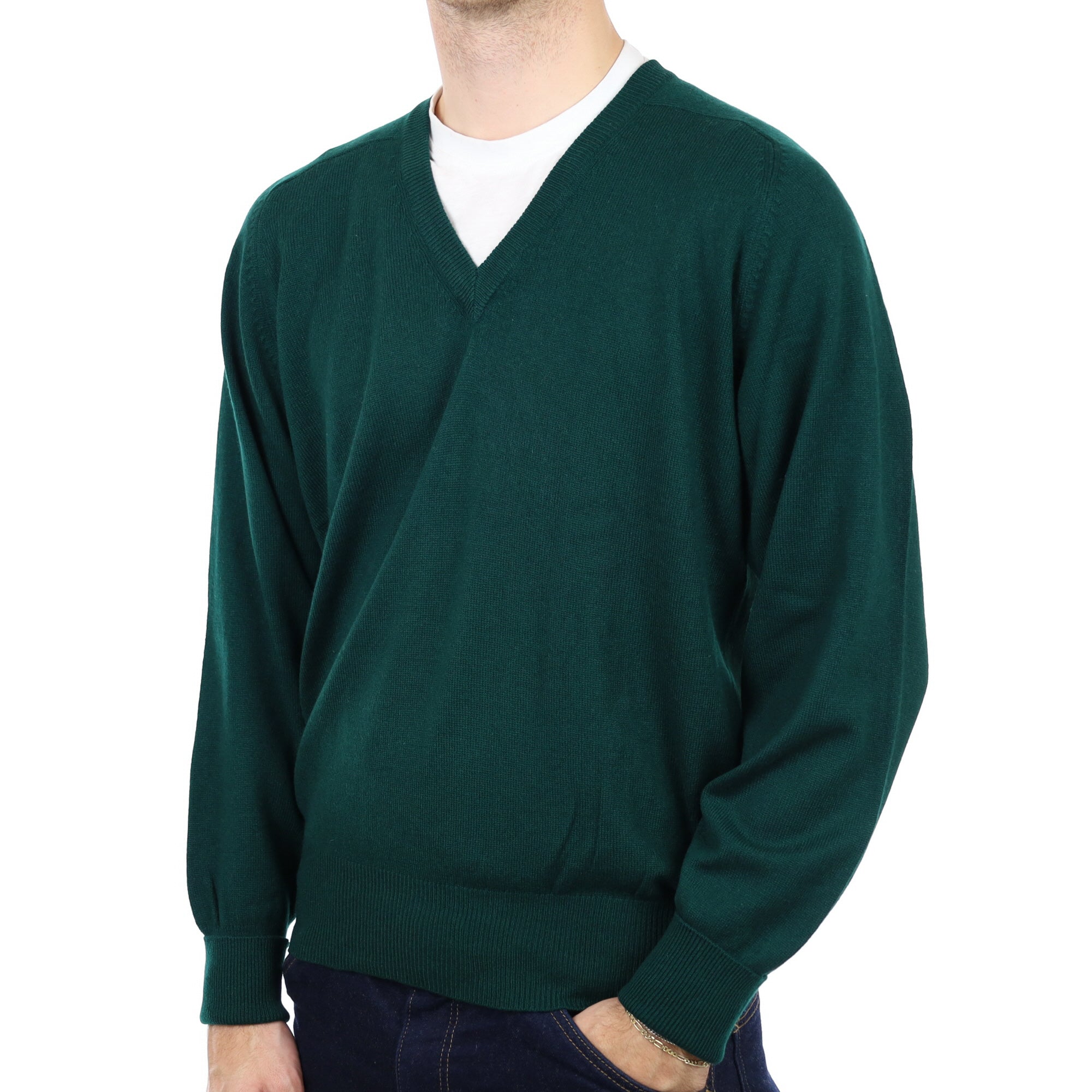 Men's Bottle Green Cashmere V Neck Jumper Large