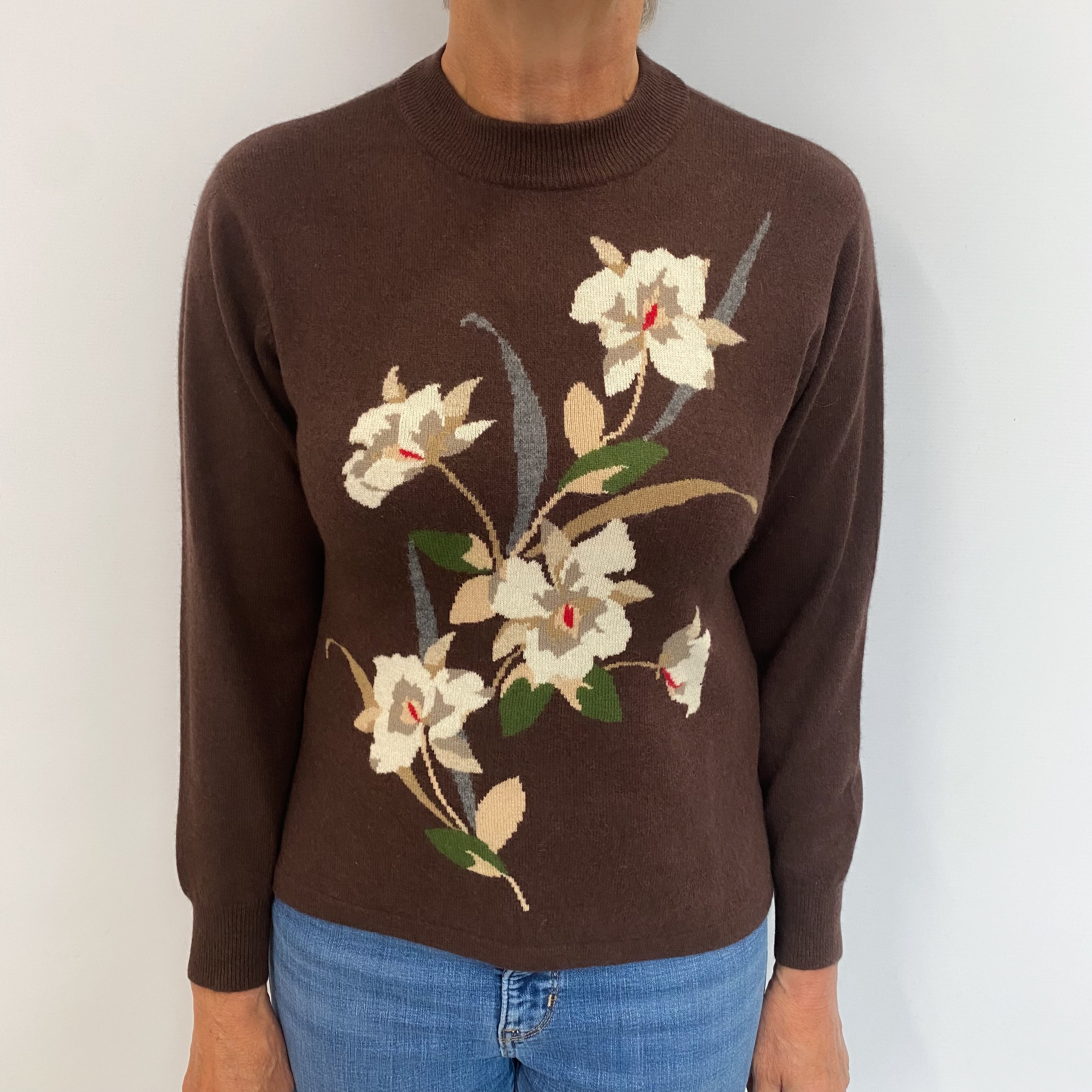 Chocolate Brown Floral Cashmere Turtle Neck Jumper Medium