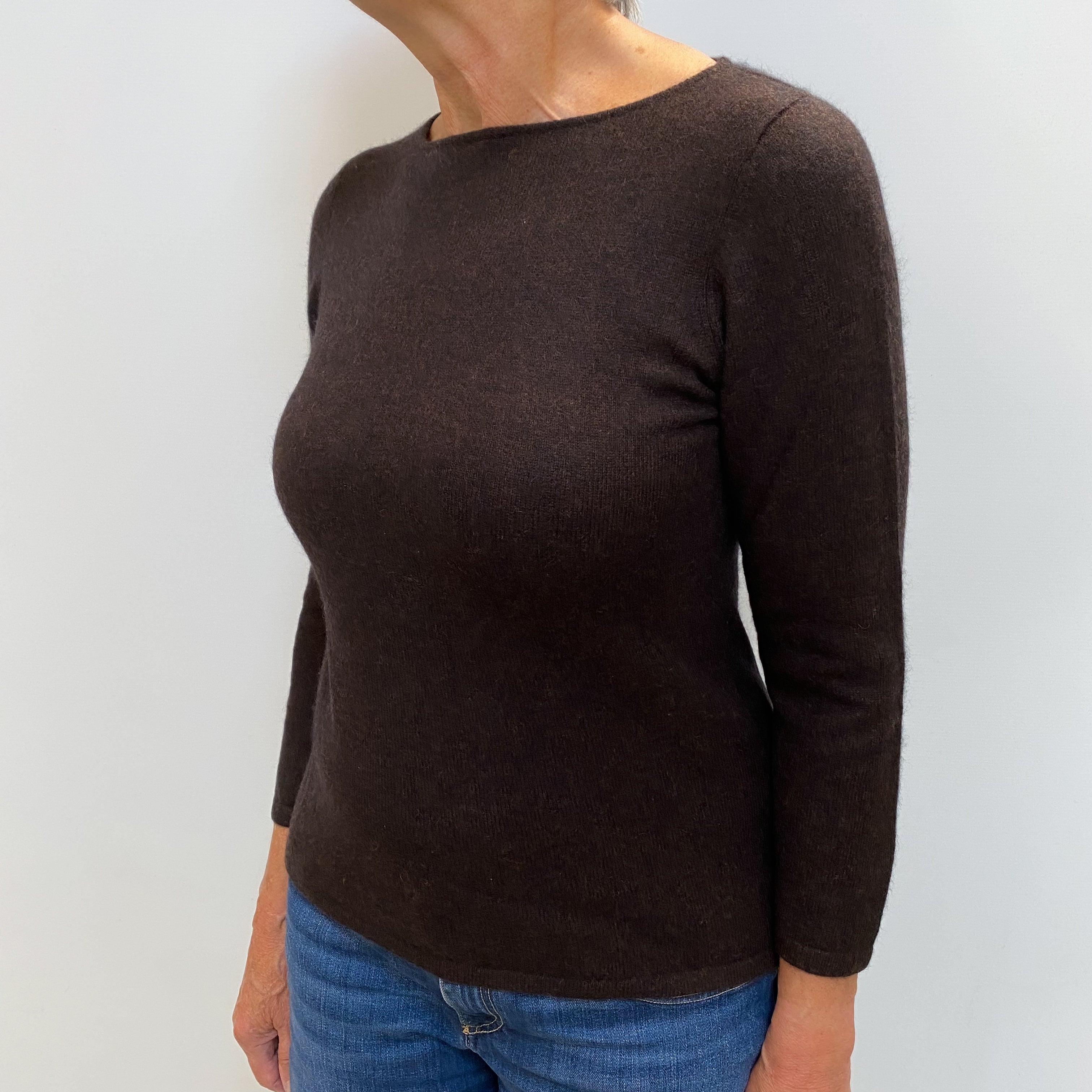 Dark Brown Marl Cashmere Crew Neck Jumper Medium