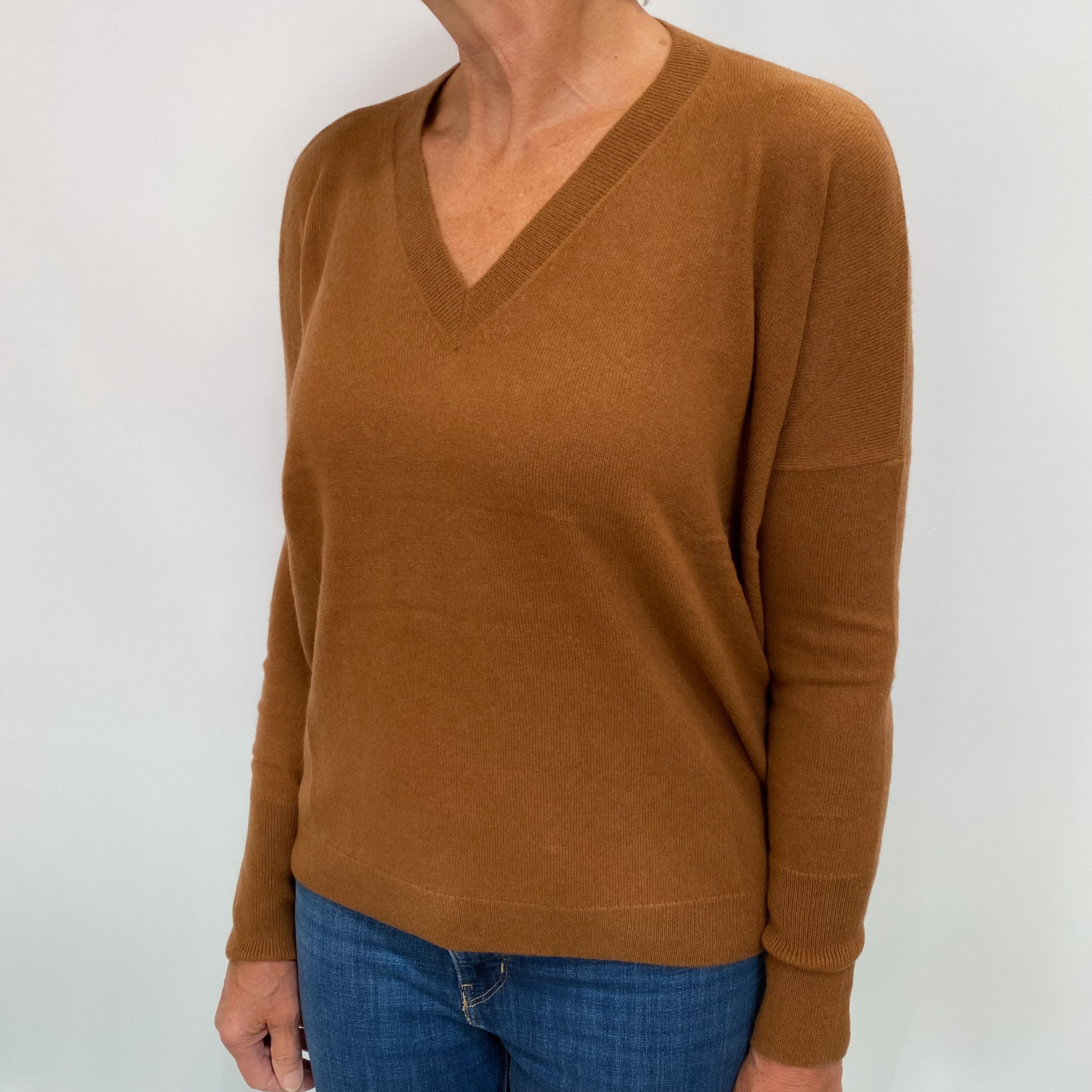 Cinnamon Brown Cashmere V Neck Jumper Medium