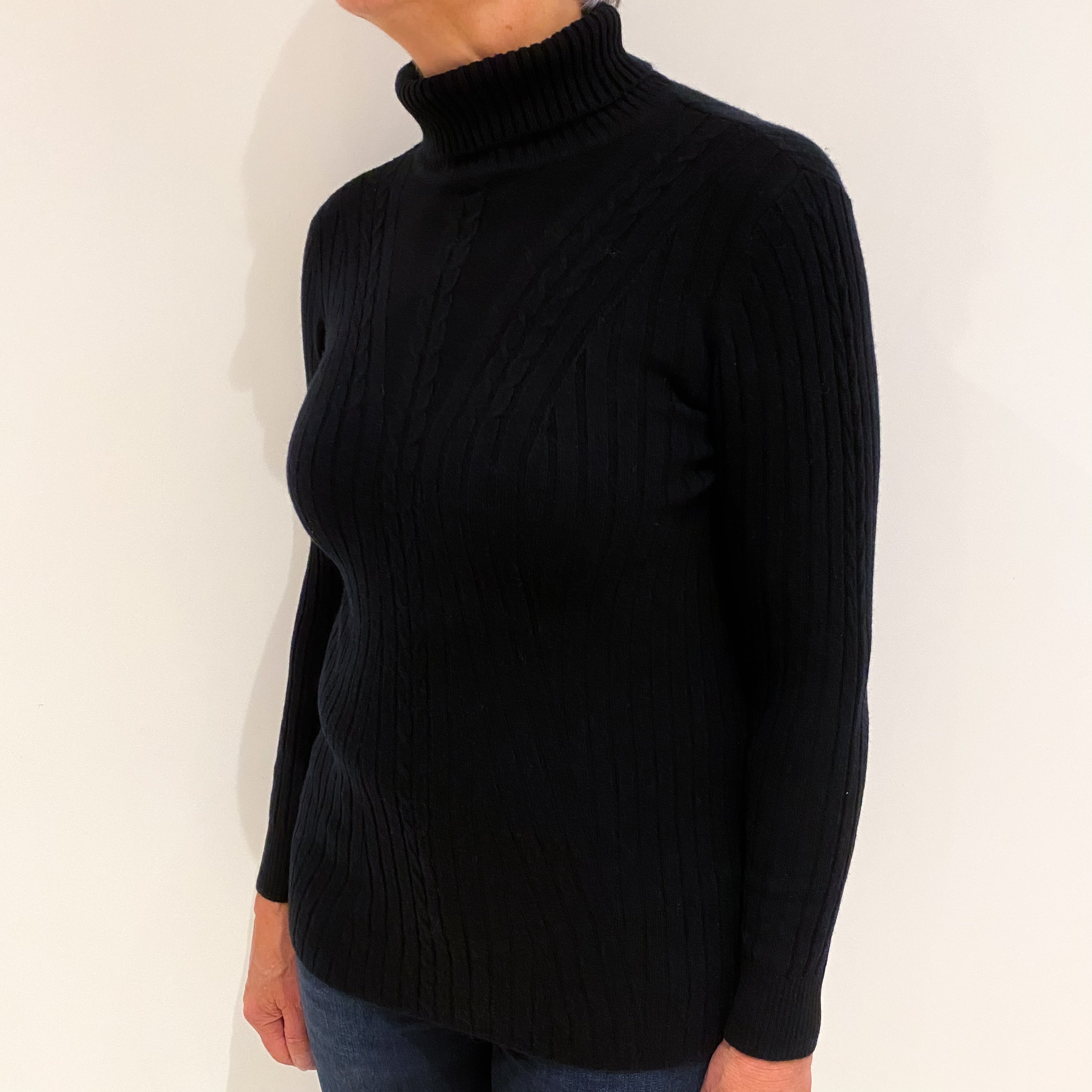 Black Rib Cashmere Polo Neck Jumper Medium