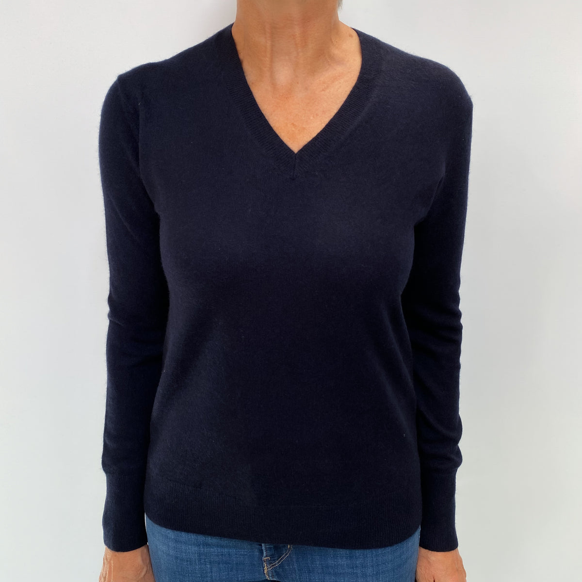 Navy Blue Cashmere V Neck Jumper Medium