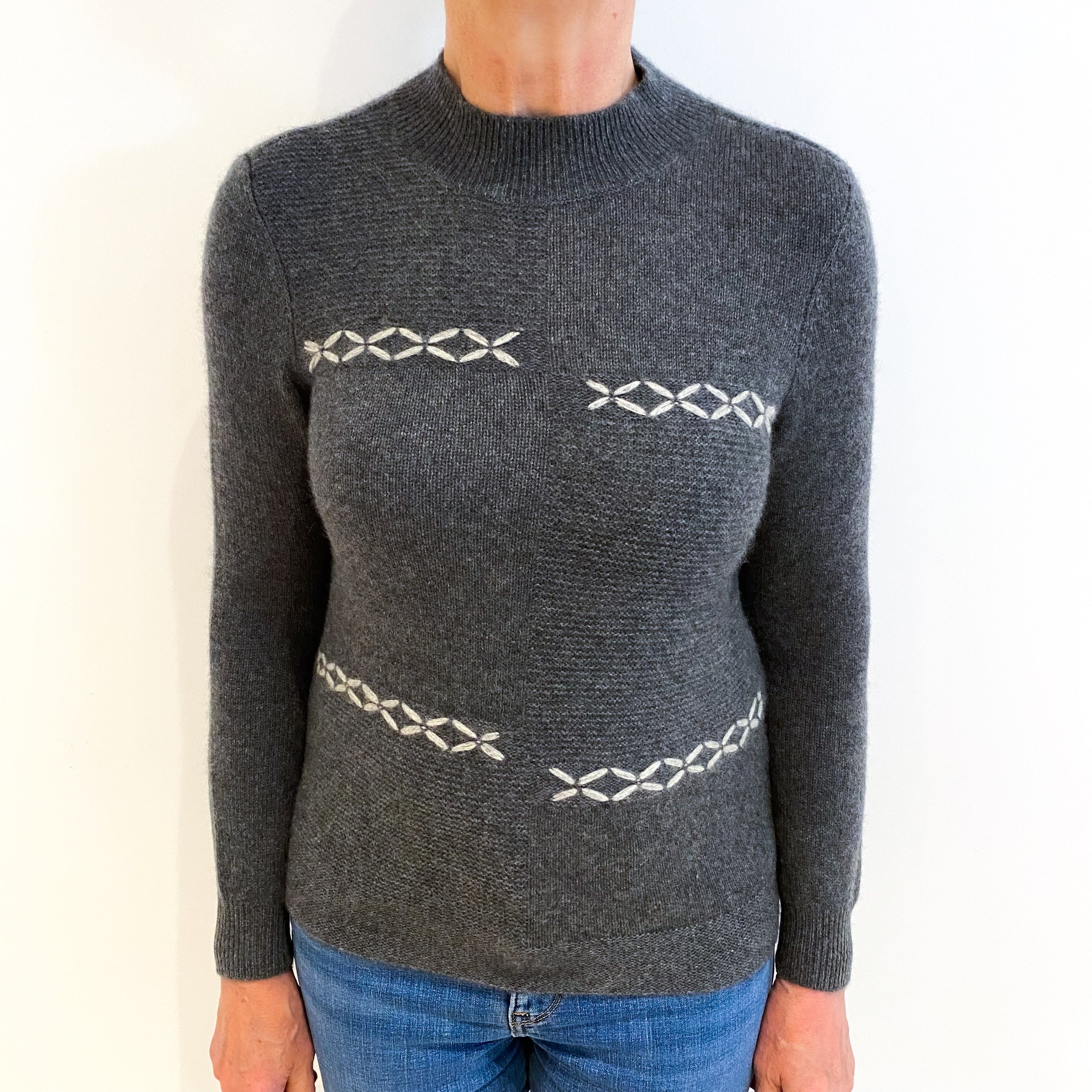 Slate Grey Detailed Cashmere Turtle Neck Jumper Medium