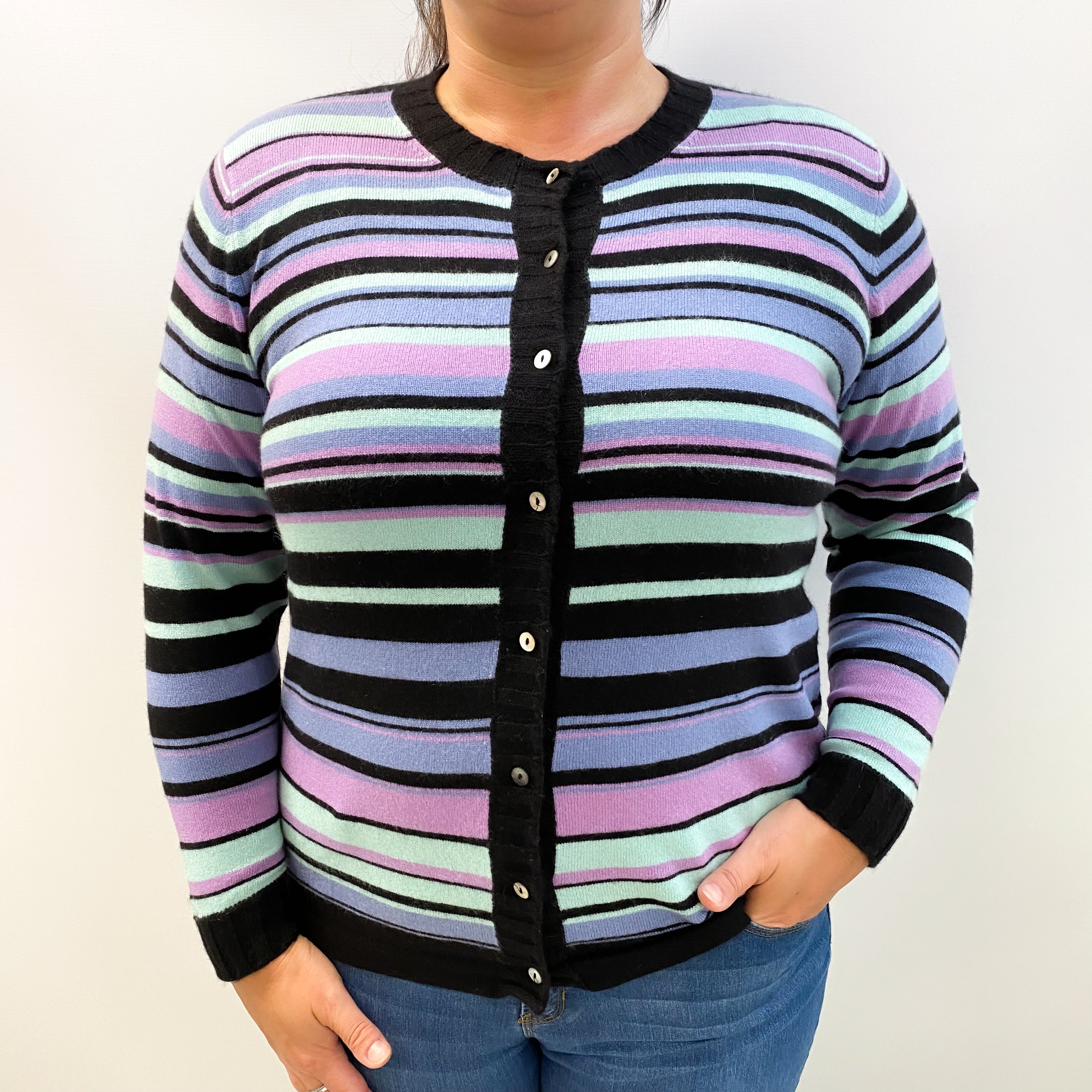 Black and Purple Striped Cashmere Crew Neck Cardigan Large